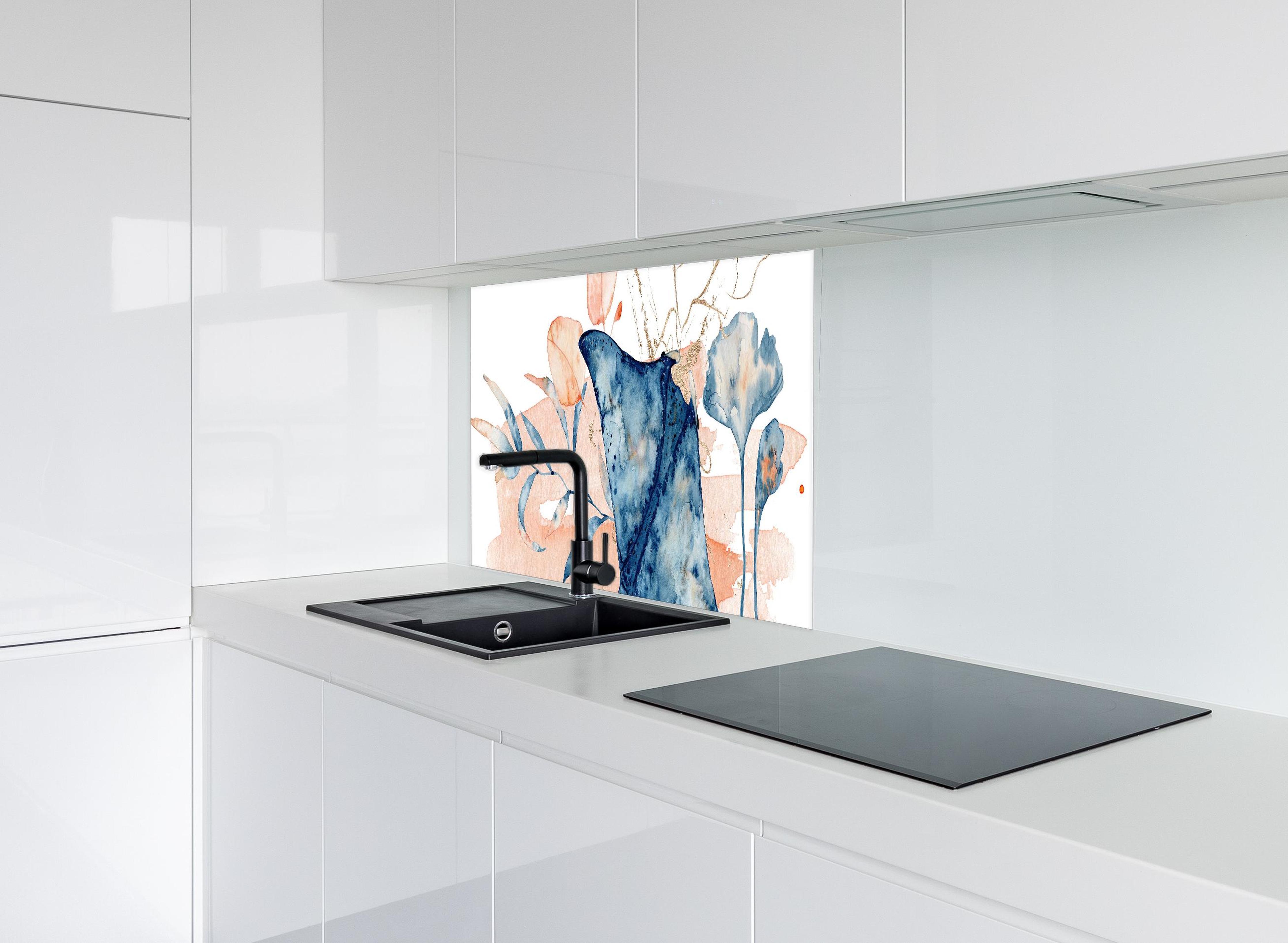 Spritzschutz - Aquarell-Illustration eines Rochenfisches  hinter modernem schwarz-matten Spülbecken in weißer Hochglanz-Küche