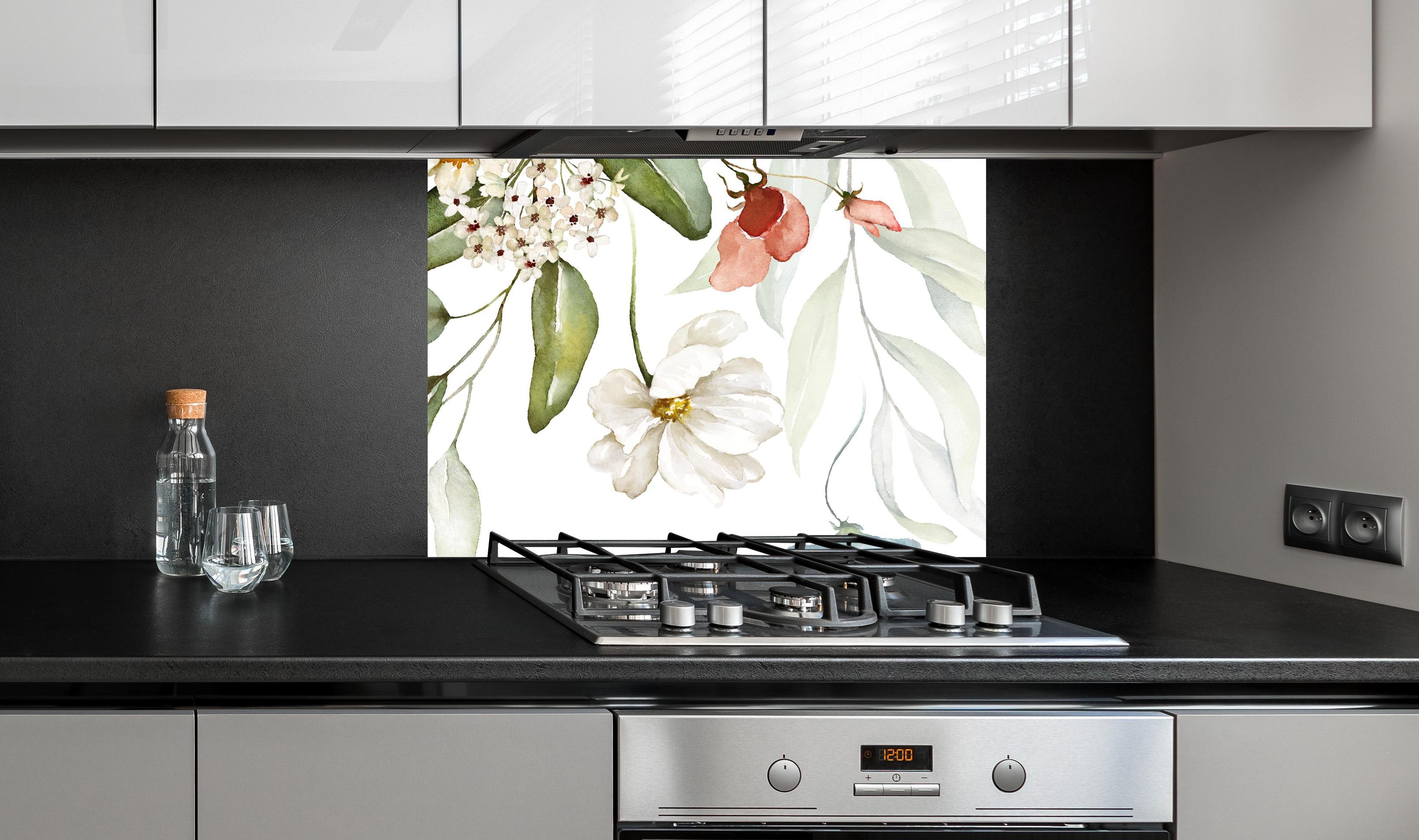 Spritzschutz - Blumenstrauß-Bordüre auf weißem Grund an edler Anthrazit-Wand hinter silbernem Gasherd