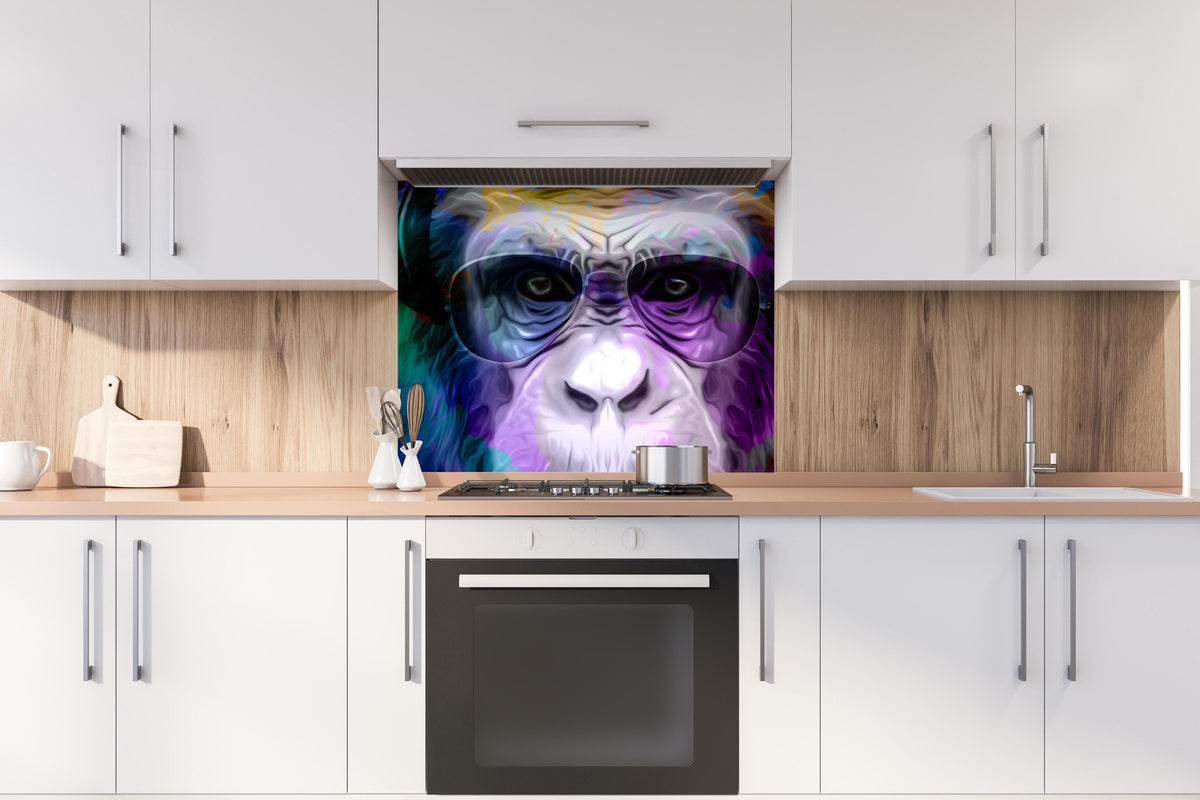 Spritzschutz - Bunter Affenkopf mit Brille und Kopfhörern hinter stilvollem Gasherd unter Dunstabzugshaube