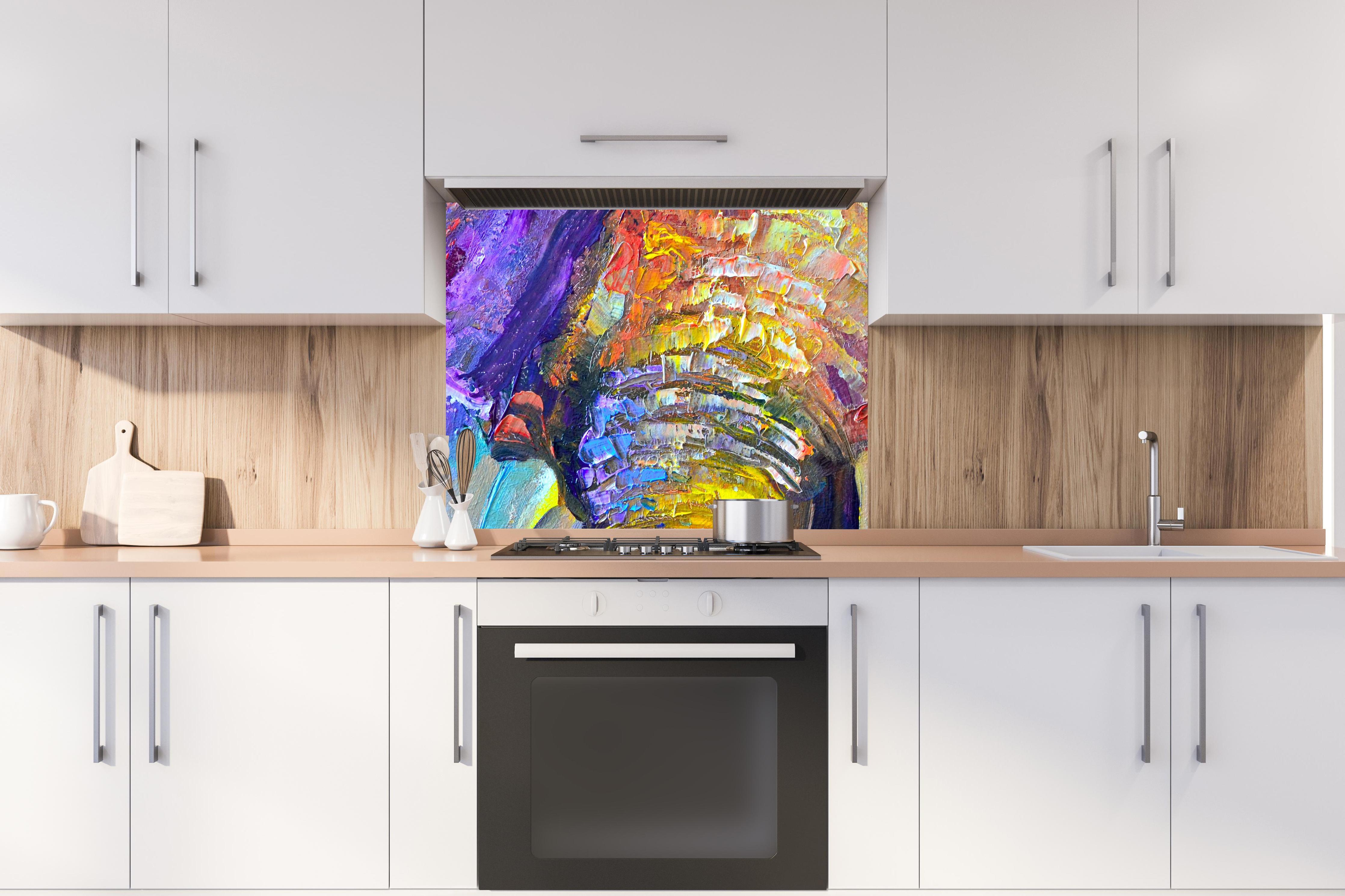 Spritzschutz - Bunter Elefant - Ölgemälde hinter stilvollem Gasherd unter Dunstabzugshaube