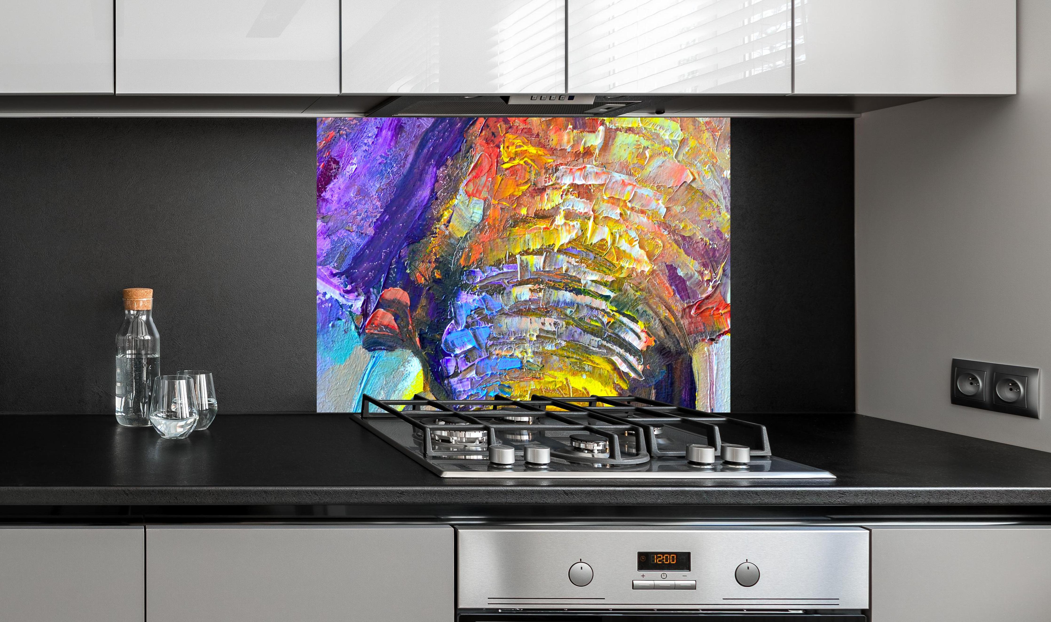 Spritzschutz - Bunter Elefant - Ölgemälde an edler Anthrazit-Wand hinter silbernem Gasherd