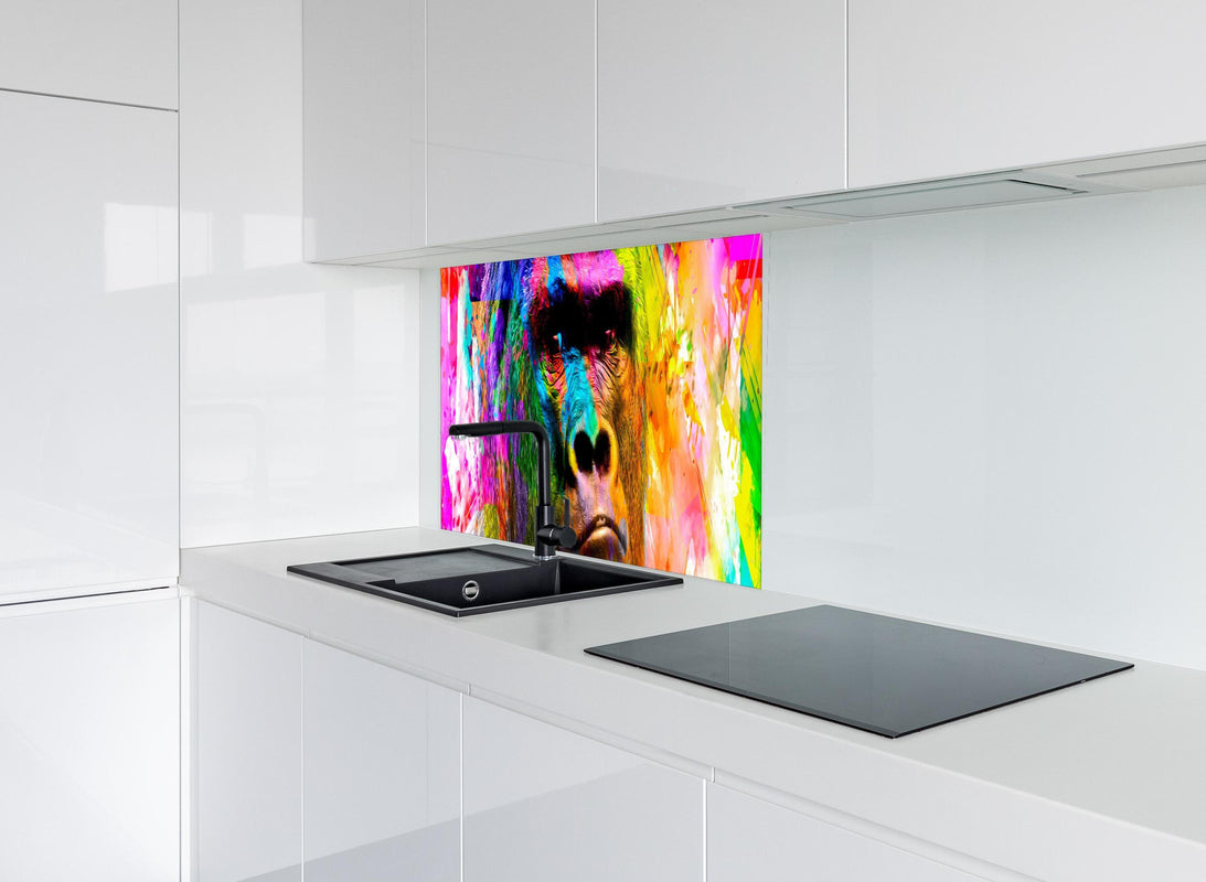 Spritzschutz - Bunter abstrakter Gorillakopf hinter modernem schwarz-matten Spülbecken in weißer Hochglanz-Küche
