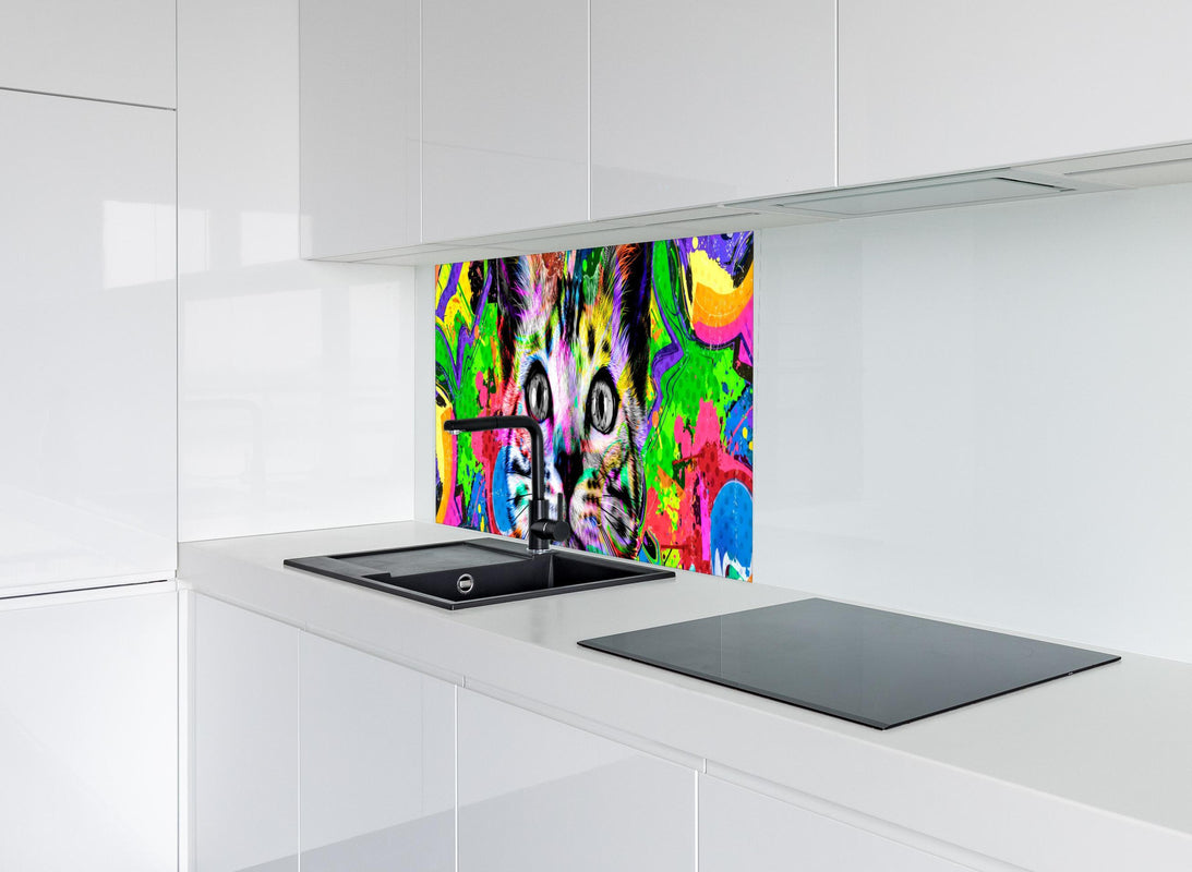 Spritzschutz - Bunter abstrakter Katzenkopf hinter modernem schwarz-matten Spülbecken in weißer Hochglanz-Küche