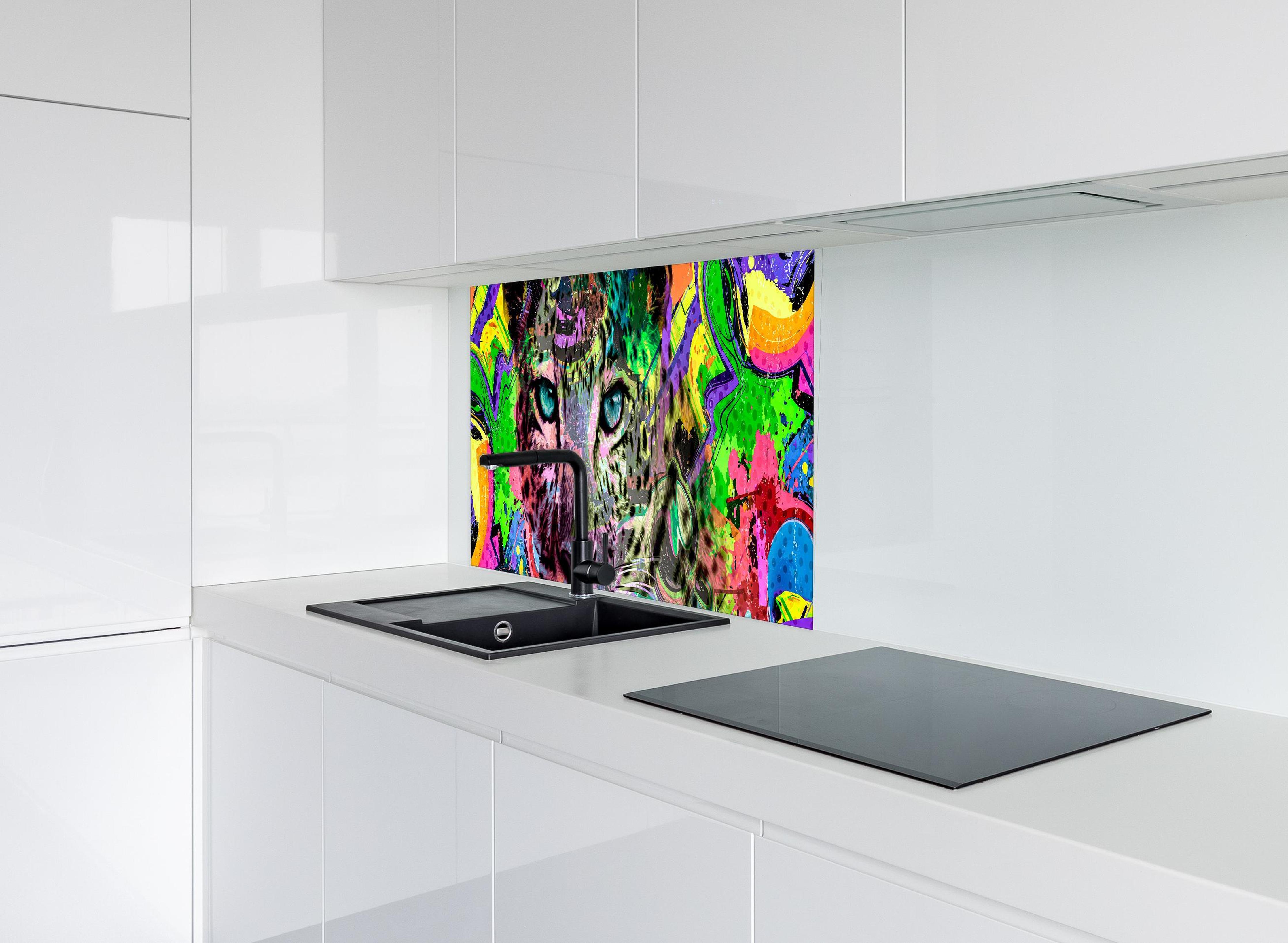 Spritzschutz - Bunter abstrakter Leopardenkopf hinter modernem schwarz-matten Spülbecken in weißer Hochglanz-Küche