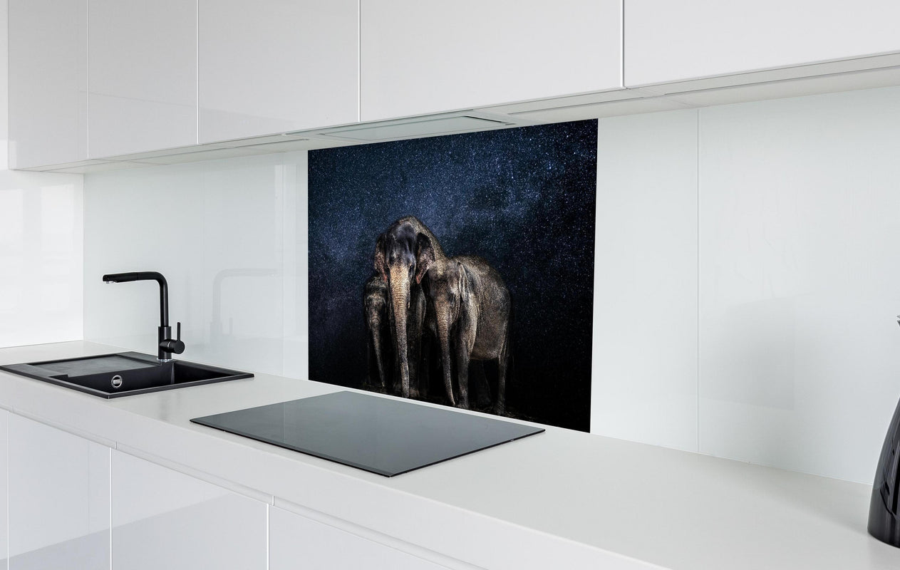 Spritzschutz - Elefantenfamilie zwischen den Sternen  in weißer Hochglanz-Küche hinter einem Cerankochfeld