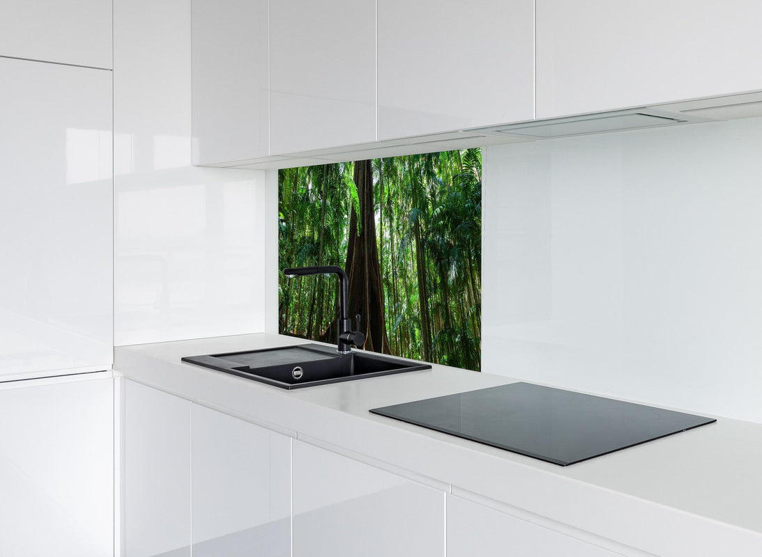 Spritzschutz - Erstaunlicher Riesenfeigenbaum hinter modernem schwarz-matten Spülbecken in weißer Hochglanz-Küche