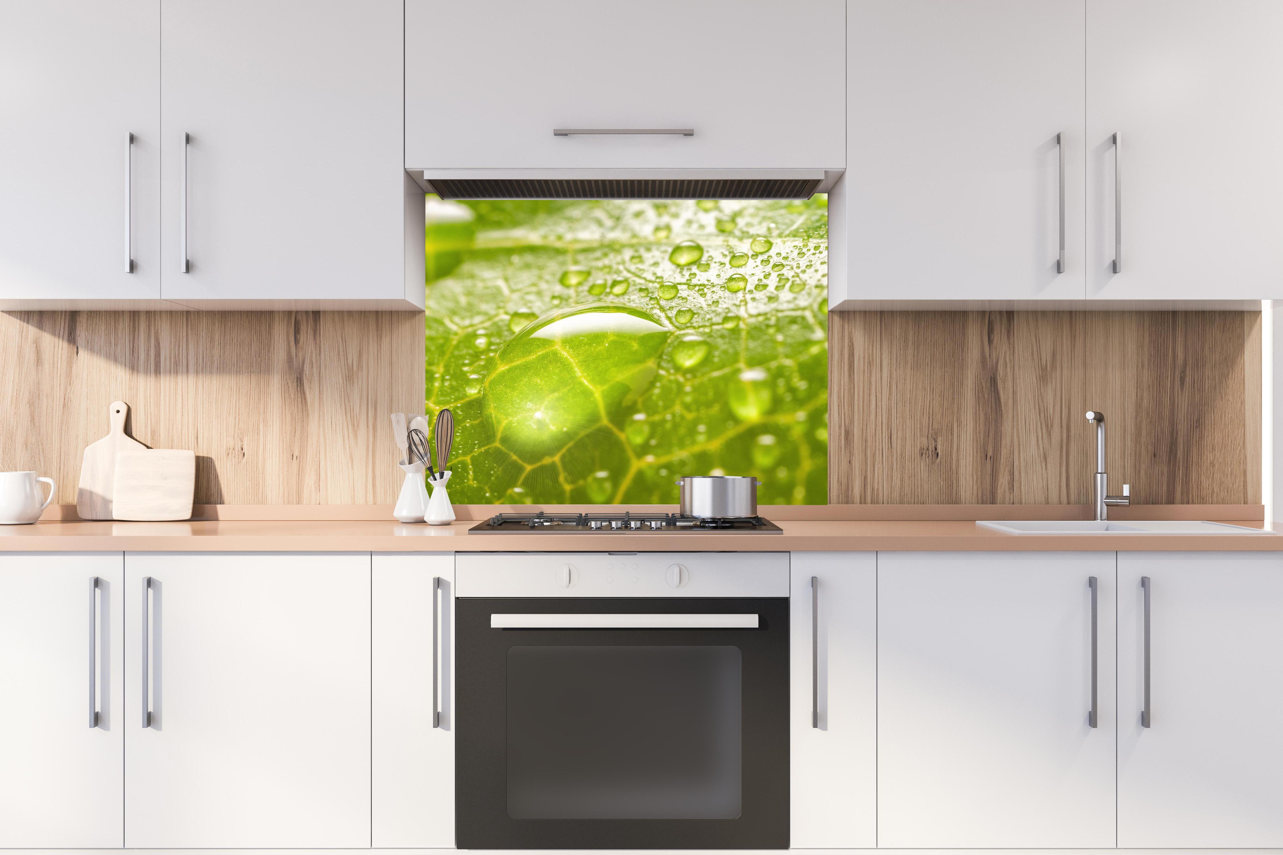 Spritzschutz - Feuchtes Blatt hinter stilvollem Gasherd unter Dunstabzugshaube