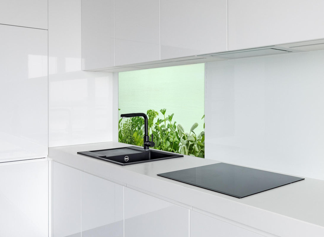 Spritzschutz - Frische Kräuter hinter modernem schwarz-matten Spülbecken in weißer Hochglanz-Küche