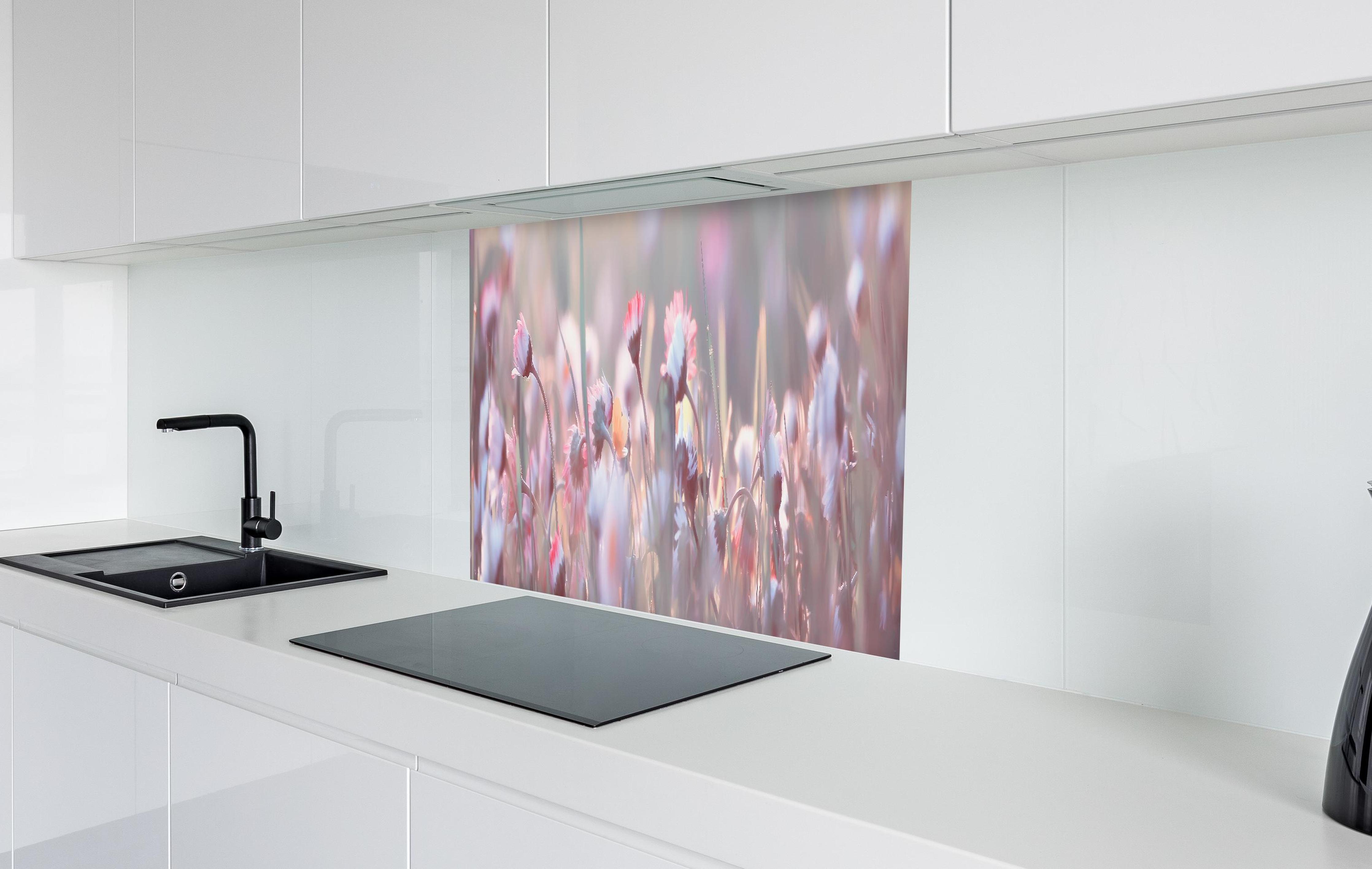 Spritzschutz - Gänseblümchen in der Natur  in weißer Hochglanz-Küche hinter einem Cerankochfeld