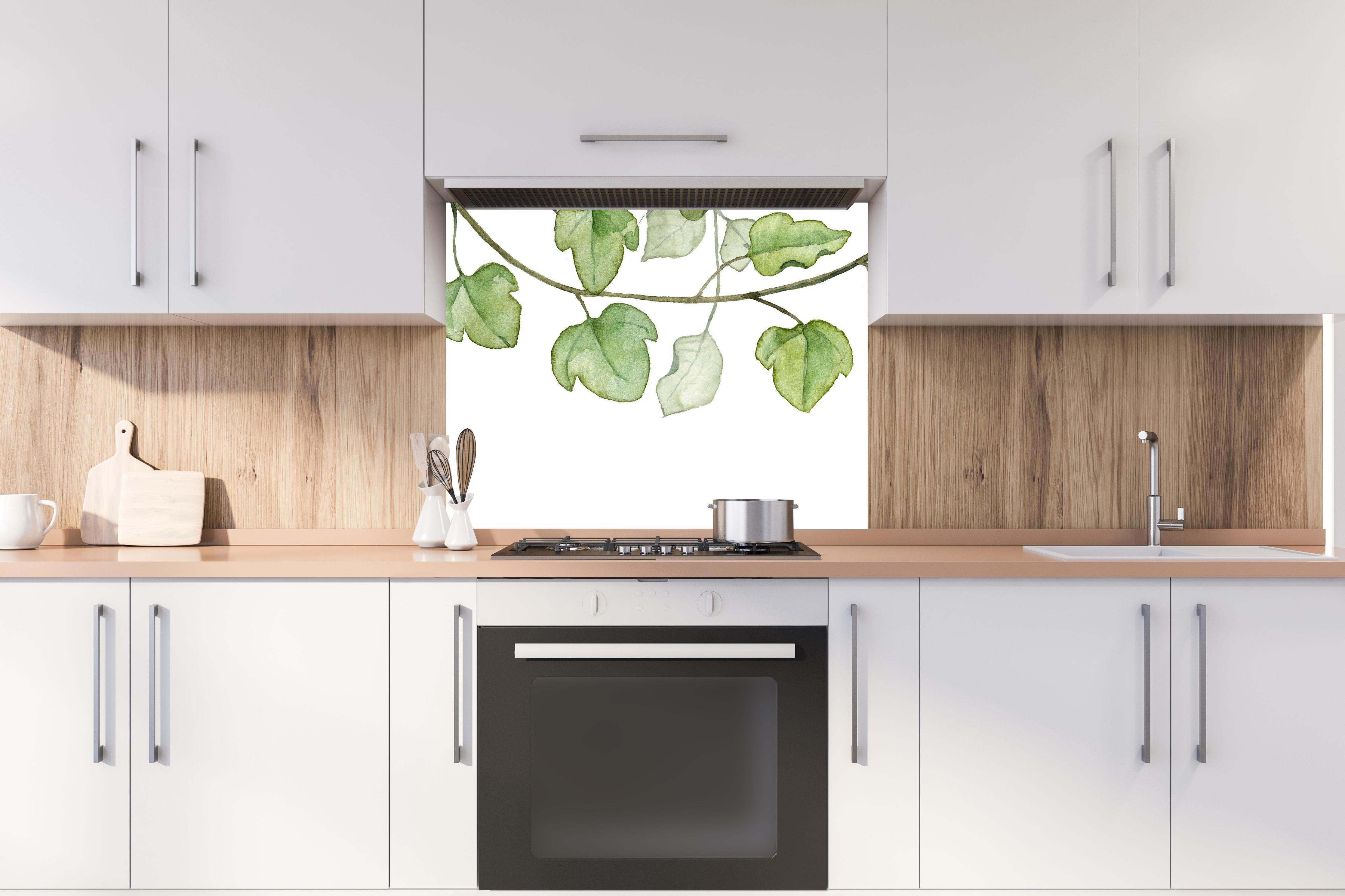 Spritzschutz - Hängende Blätter an Ästen Aquarell  hinter stilvollem Gasherd unter Dunstabzugshaube