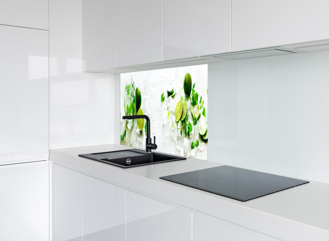 Spritzschutz - Hausgemachte Limettenlimonade mit Gurke hinter modernem schwarz-matten Spülbecken in weißer Hochglanz-Küche