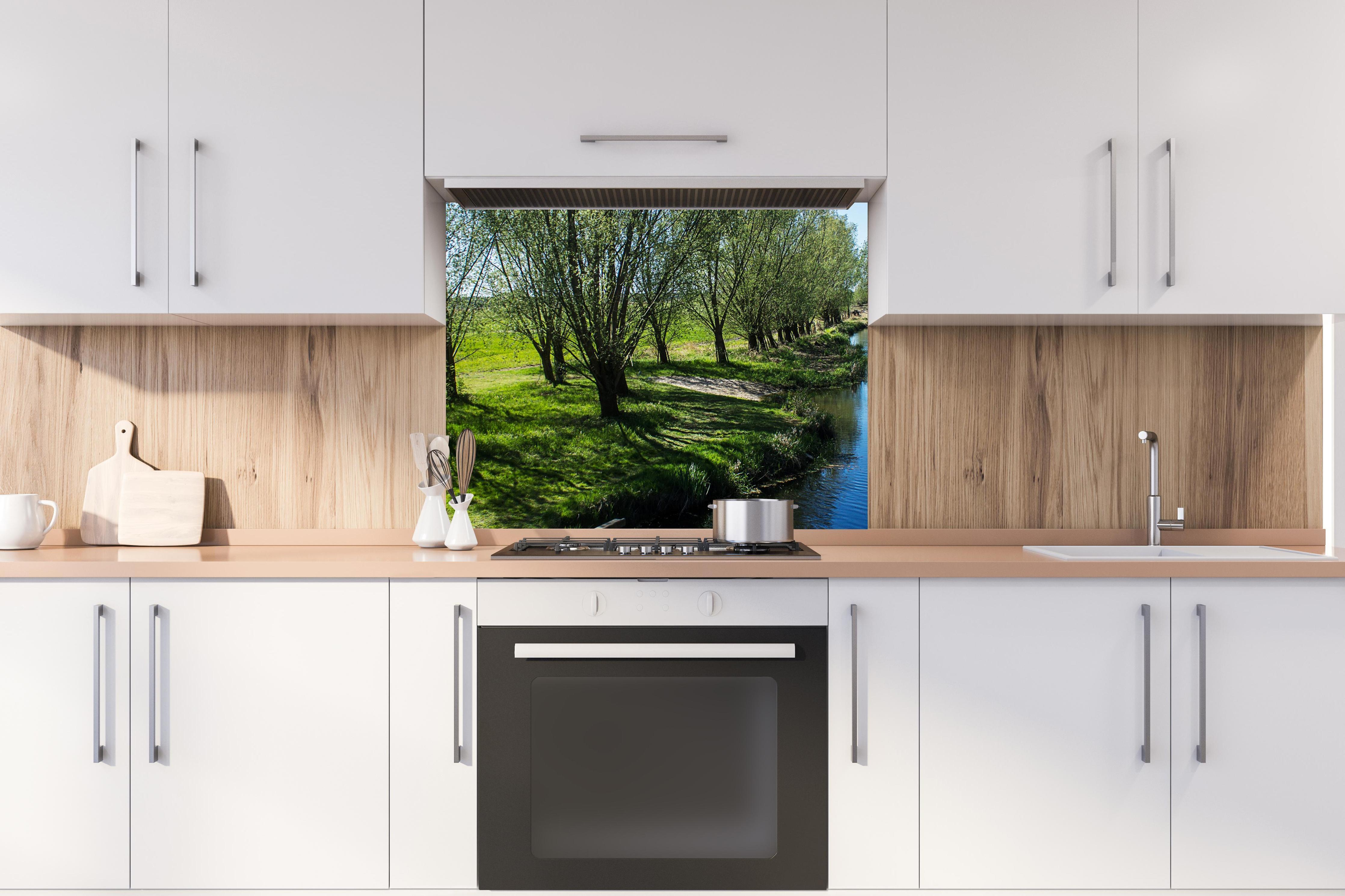 Spritzschutz - Idyllischer Fluss in Sachsen-Anhalt hinter stilvollem Gasherd unter Dunstabzugshaube