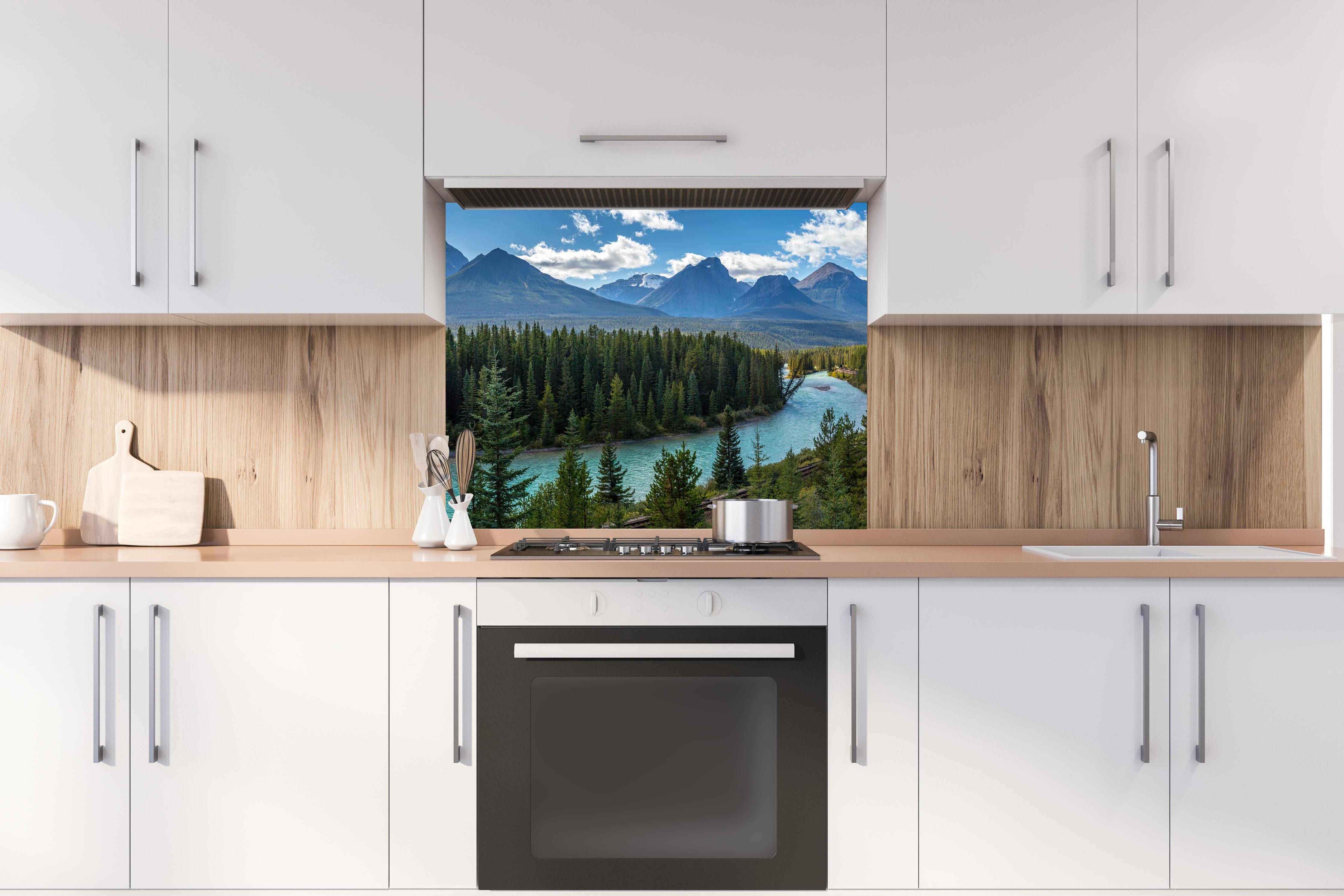 Spritzschutz - Kanada Nationalpark Natur Zug Gleisen hinter stilvollem Gasherd unter Dunstabzugshaube