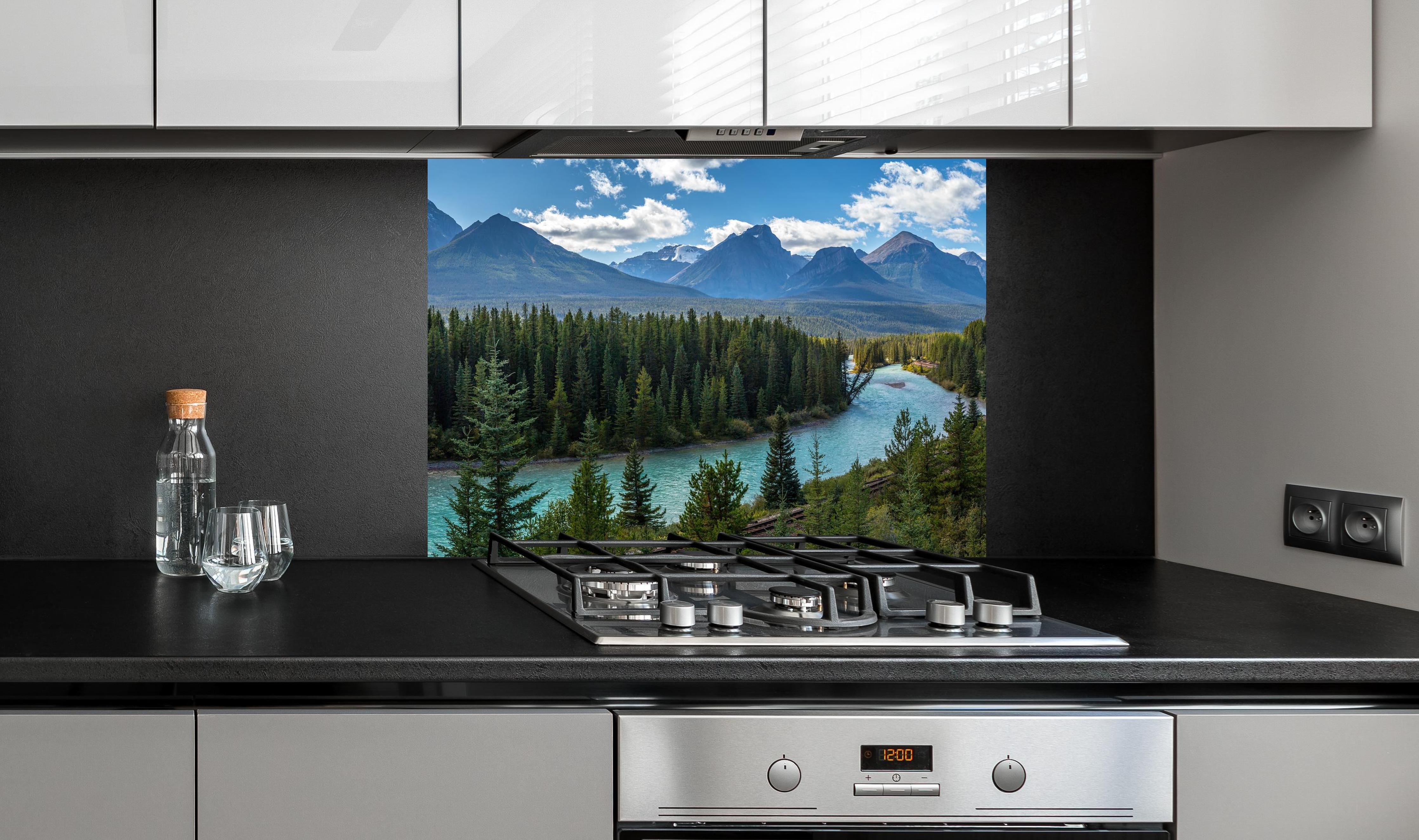 Spritzschutz - Kanada Nationalpark Natur Zug Gleisen an edler Anthrazit-Wand hinter silbernem Gasherd