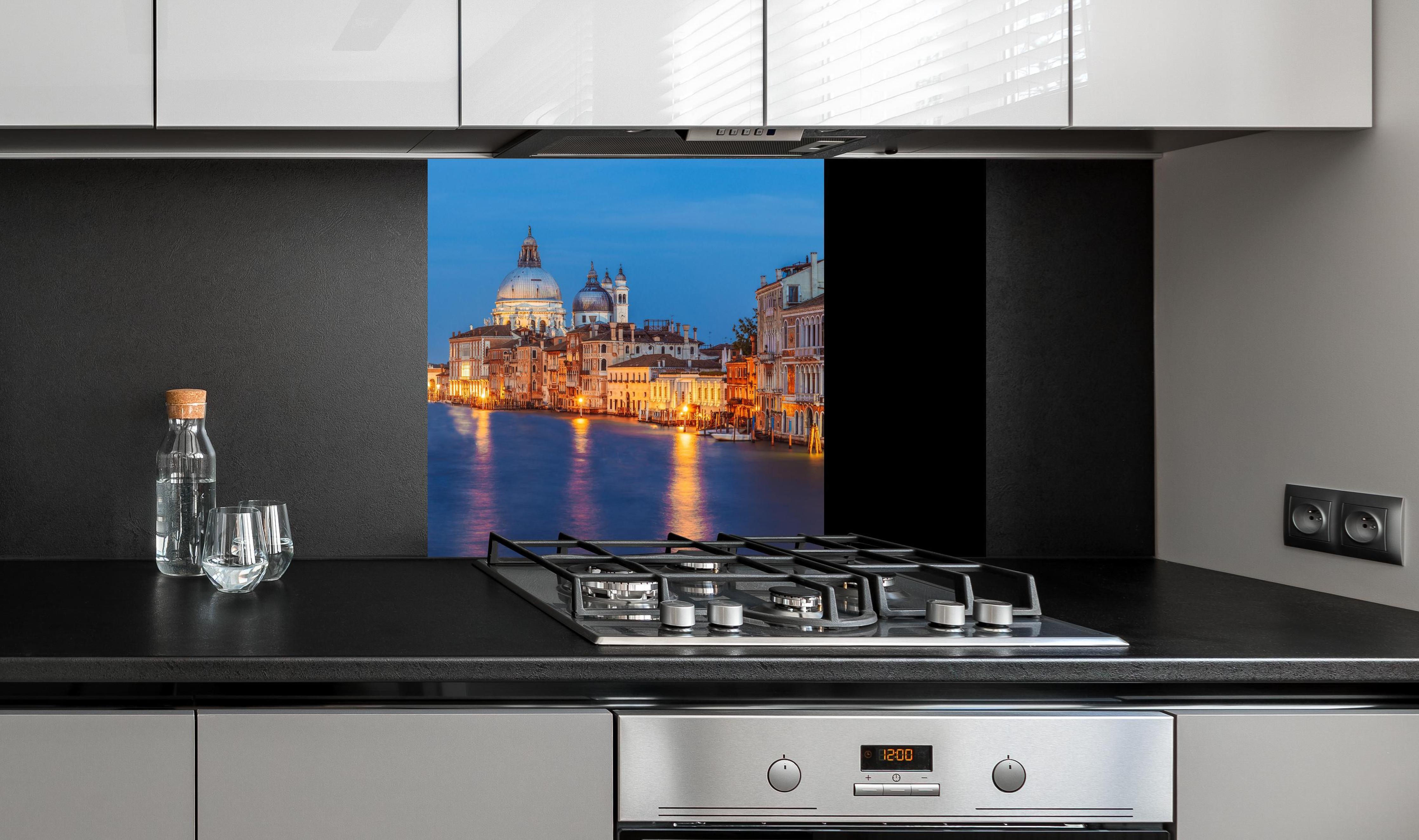Spritzschutz - Klassischer Panoramablick auf den Canal Grande an edler Anthrazit-Wand hinter silbernem Gasherd