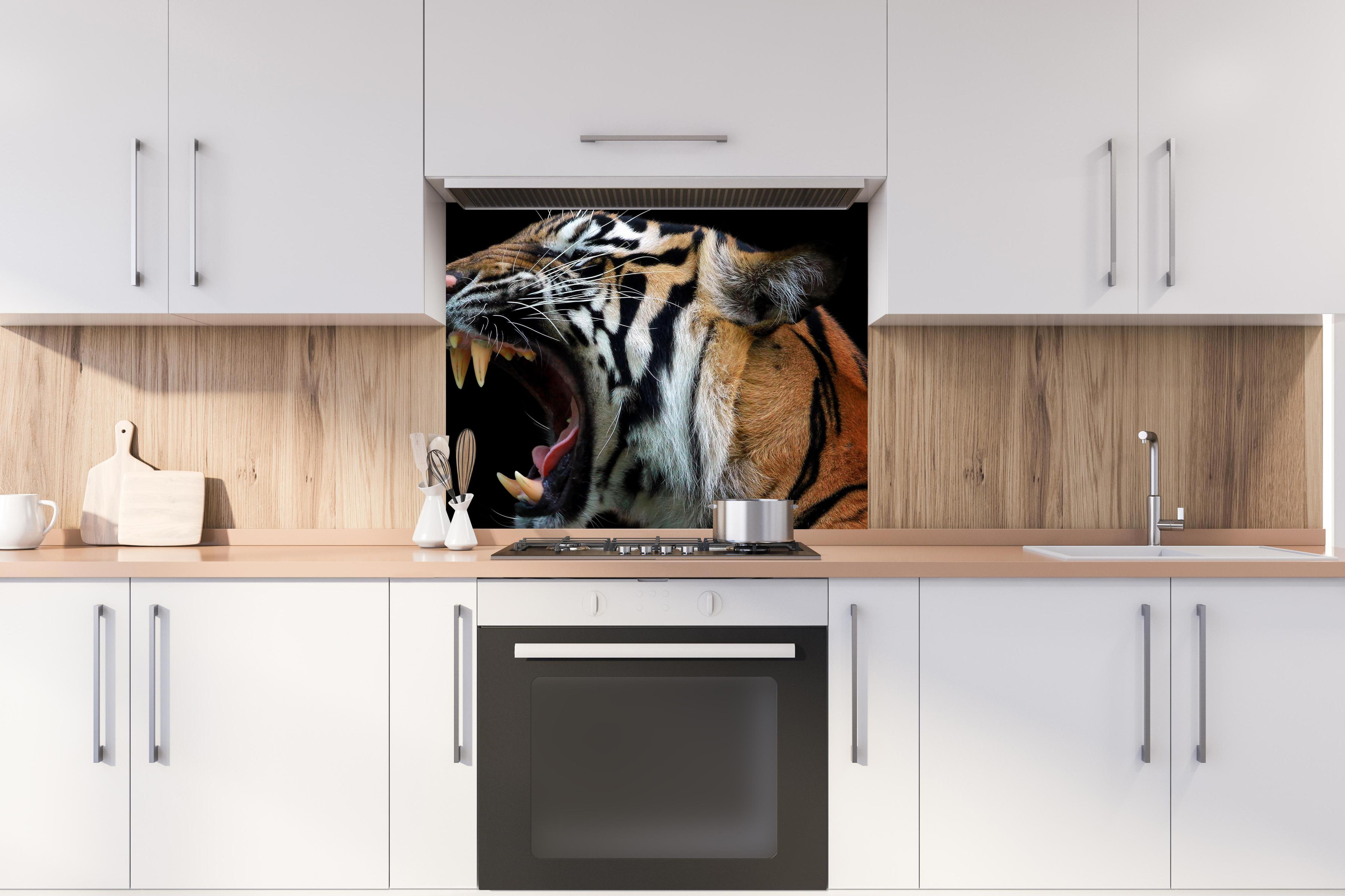 Spritzschutz - Kopf eines Sumatra-Tigers hinter stilvollem Gasherd unter Dunstabzugshaube