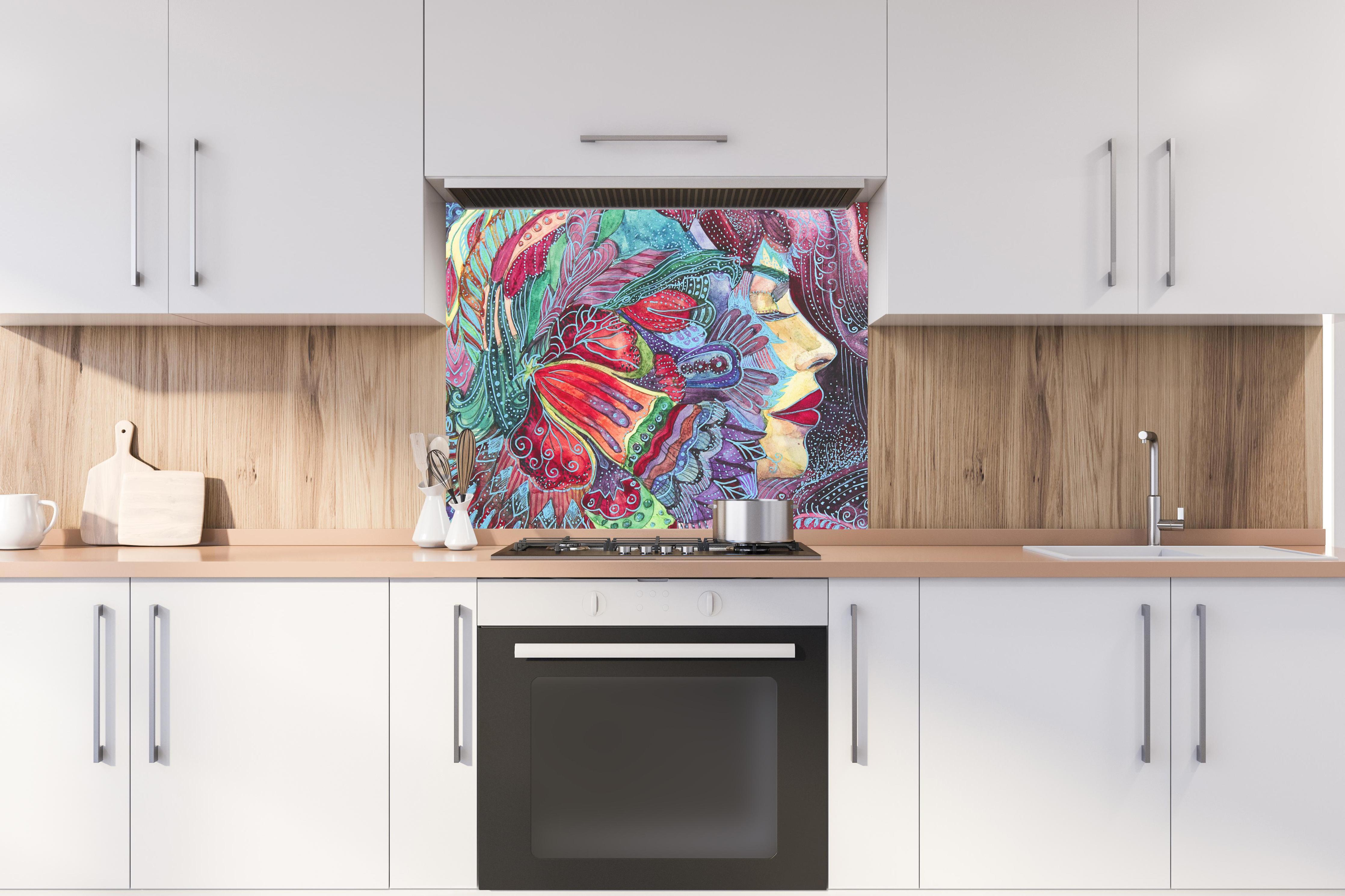 Spritzschutz - Kreatives Aquarell einer Frau hinter stilvollem Gasherd unter Dunstabzugshaube