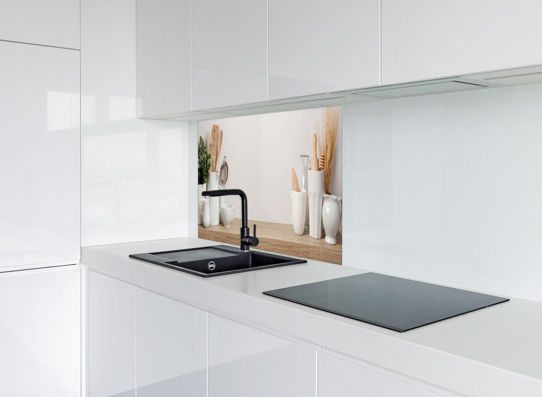 Spritzschutz - Küchenutensilien & Geschirr hinter modernem schwarz-matten Spülbecken in weißer Hochglanz-Küche