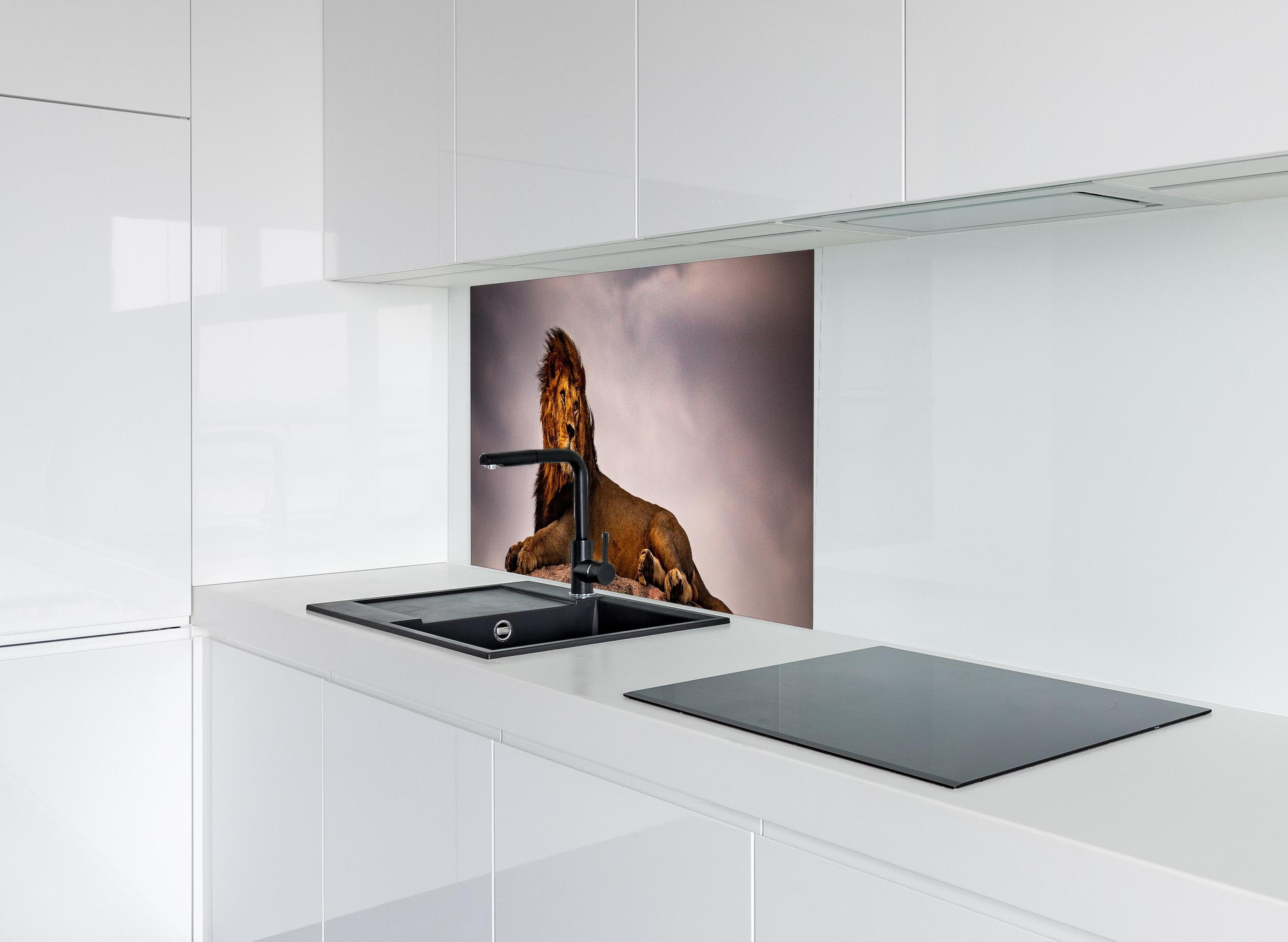 Spritzschutz - Löwe vor dunklem Himmel hinter modernem schwarz-matten Spülbecken in weißer Hochglanz-Küche