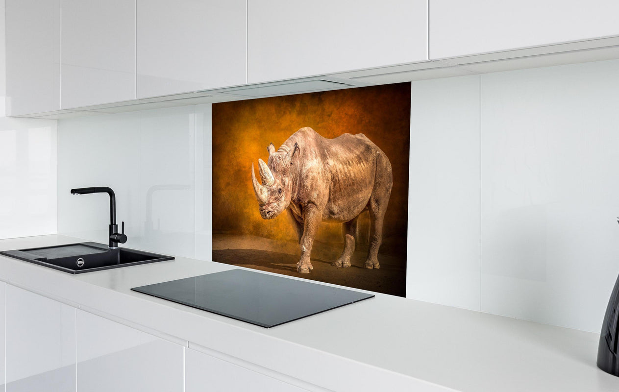 Spritzschutz - Majestätisches Nashorn  in weißer Hochglanz-Küche hinter einem Cerankochfeld