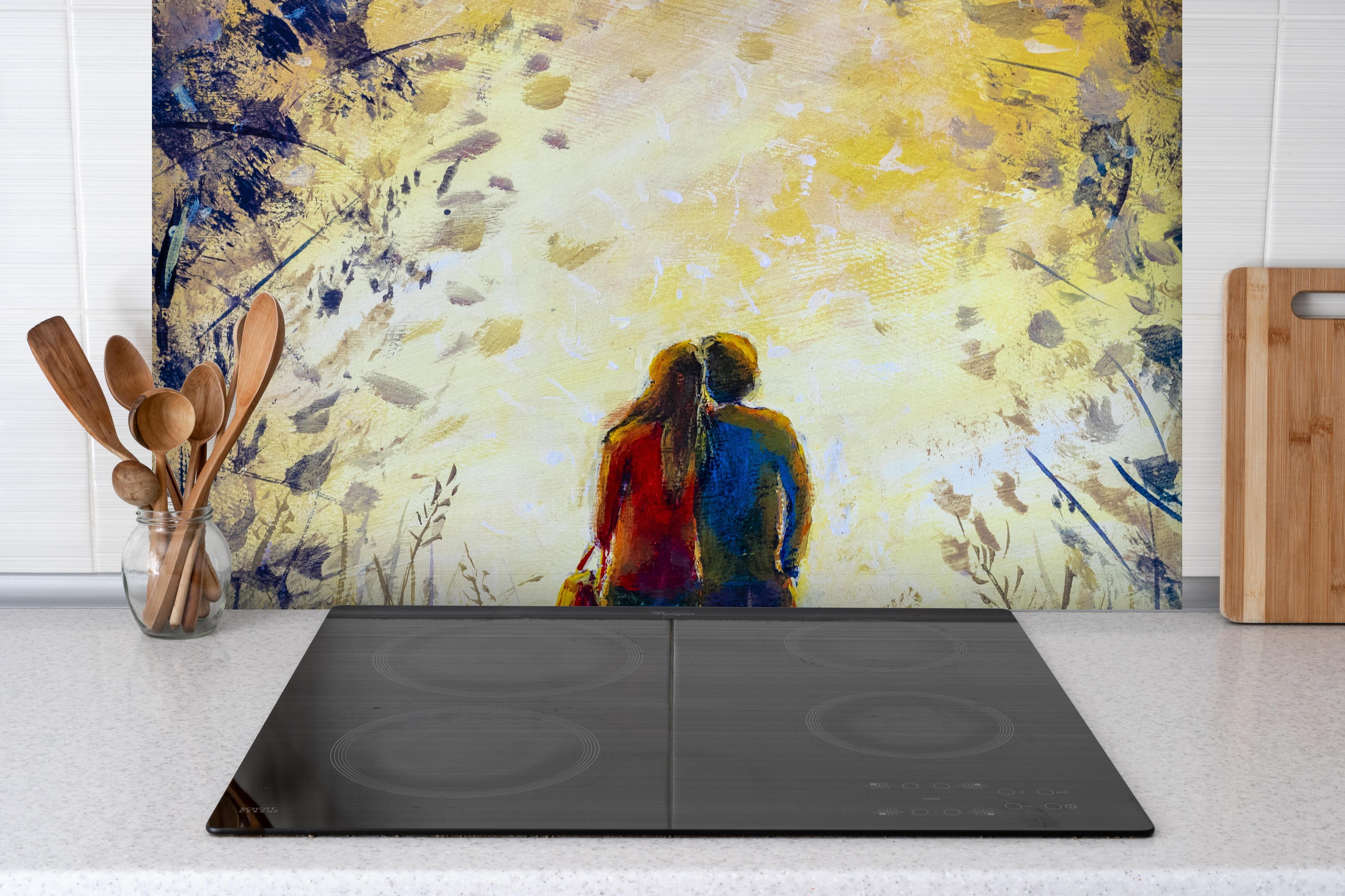 Spritzschutz - Ölgemälde Romantisches Paar in der Natur hinter einem Cerankochfeld zwischen Holz-Kochutensilien
