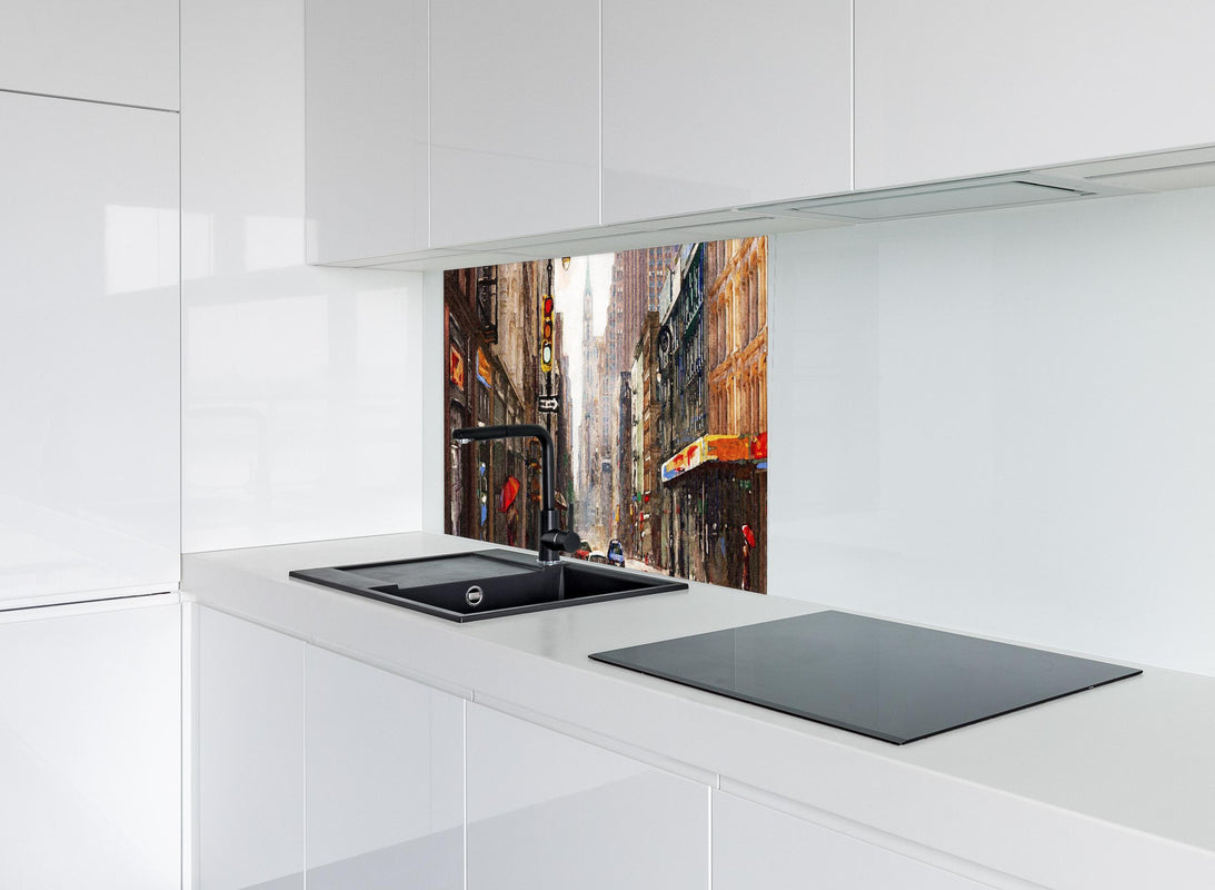 Spritzschutz - Ölgemälde von New Yorker Innenstadt hinter modernem schwarz-matten Spülbecken in weißer Hochglanz-Küche
