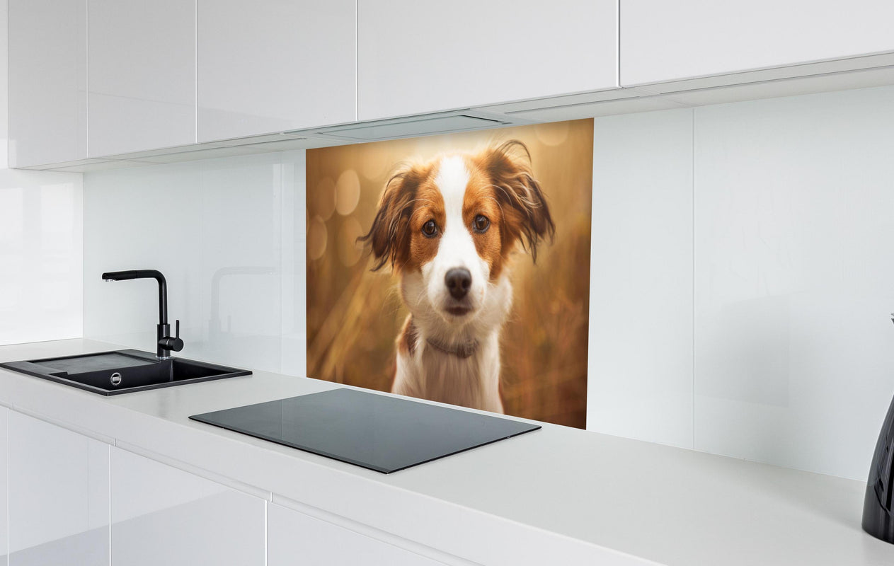 Spritzschutz - Portrait eines süßen Kooiker Hundes  in weißer Hochglanz-Küche hinter einem Cerankochfeld