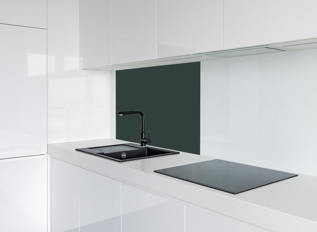 Spritzschutz - RAL 6012 (Schwarzgrün) hinter modernem schwarz-matten Spülbecken in weißer Hochglanz-Küche