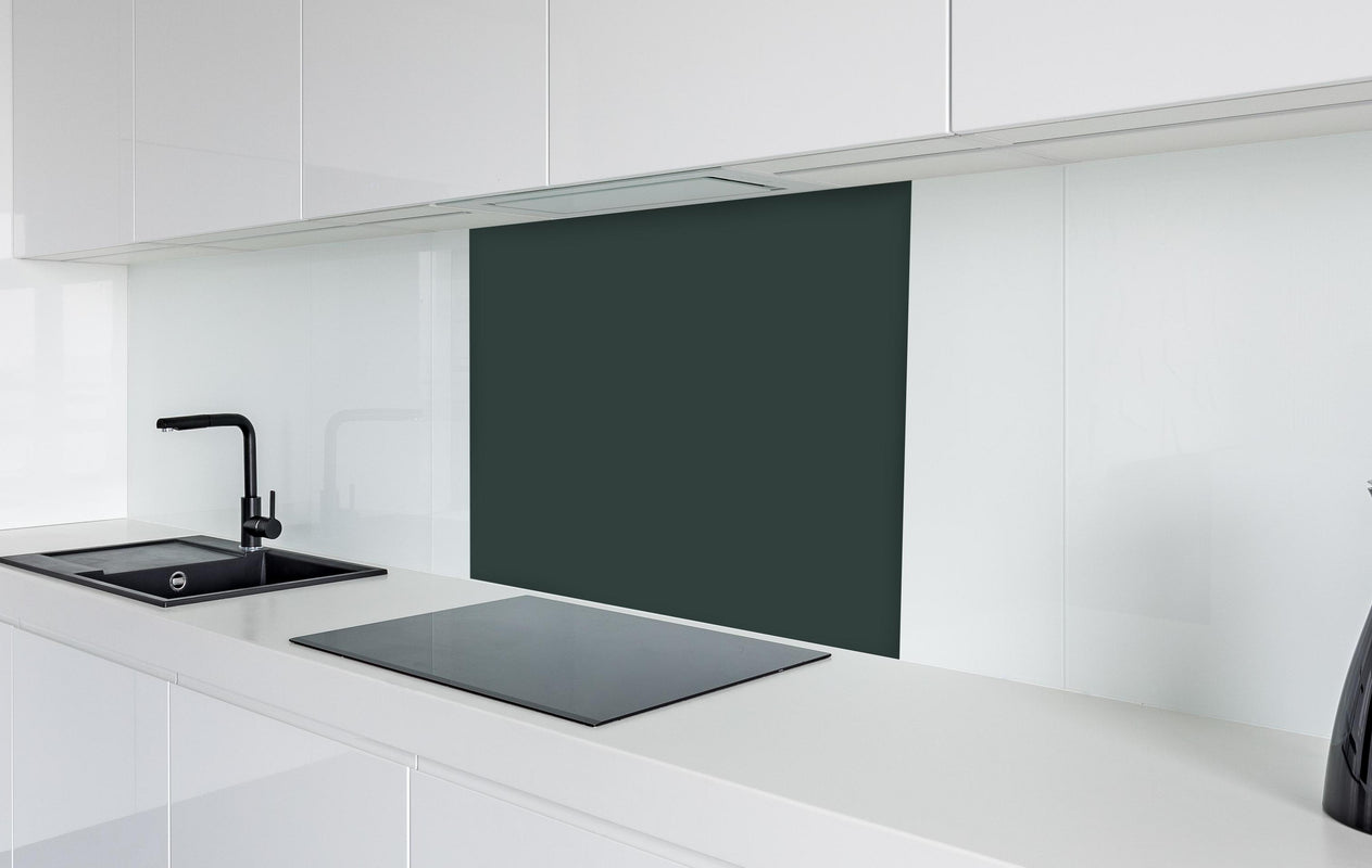 Spritzschutz - RAL 6012 (Schwarzgrün)  in weißer Hochglanz-Küche hinter einem Cerankochfeld