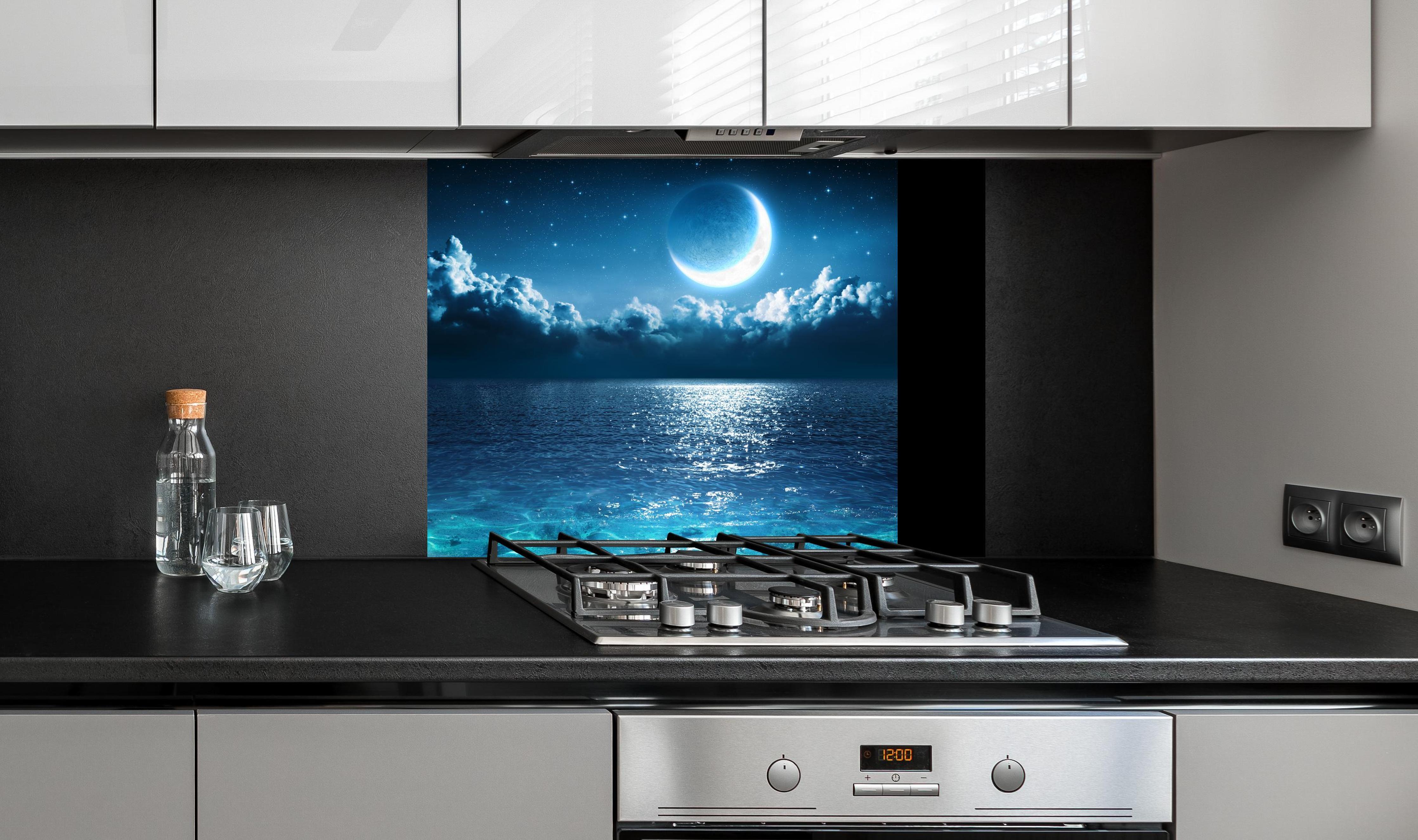 Spritzschutz - Romantischer Mond - magische Nacht an edler Anthrazit-Wand hinter silbernem Gasherd