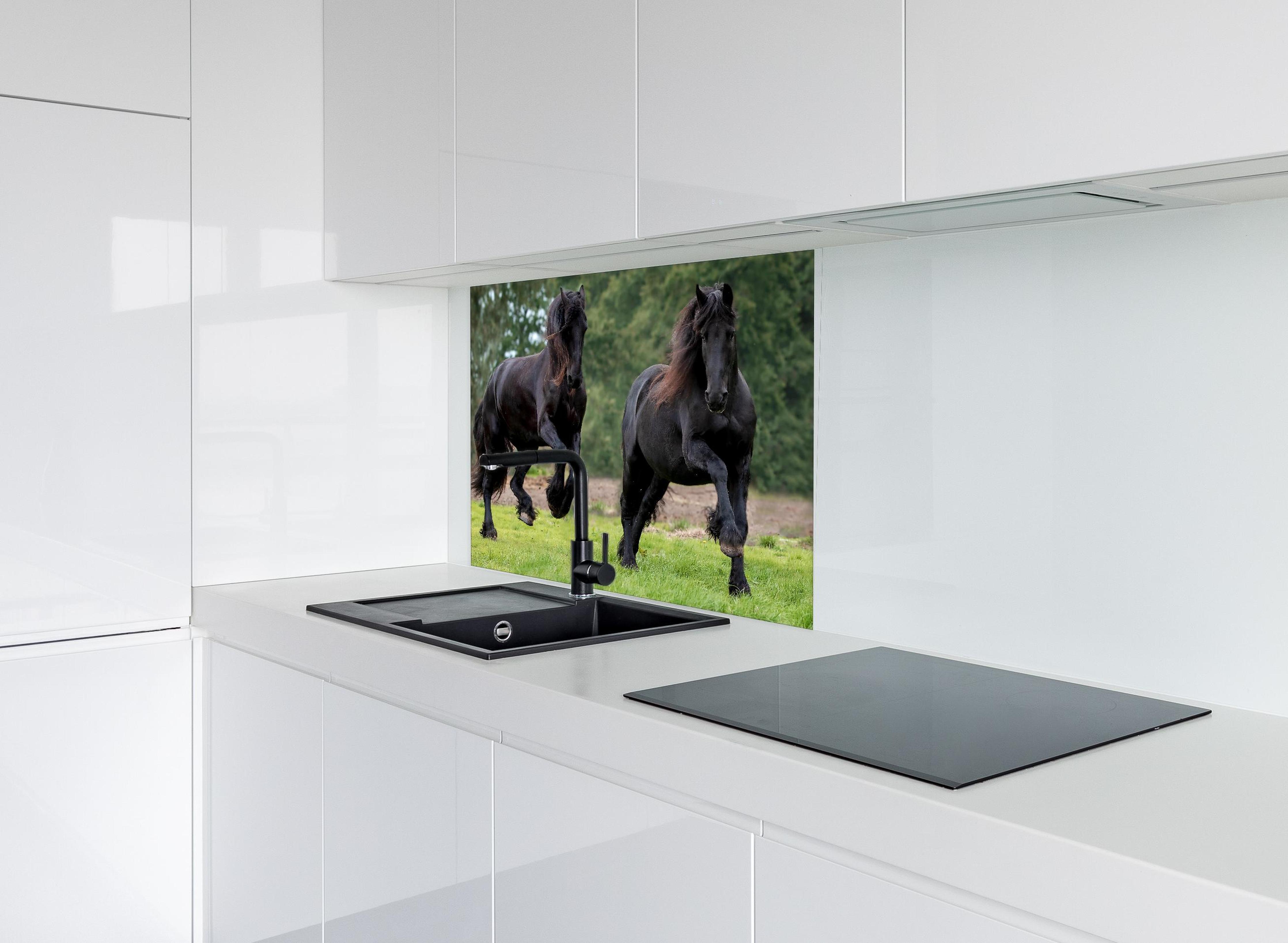 Spritzschutz - Schwarze prächtige Friesenpferde hinter modernem schwarz-matten Spülbecken in weißer Hochglanz-Küche