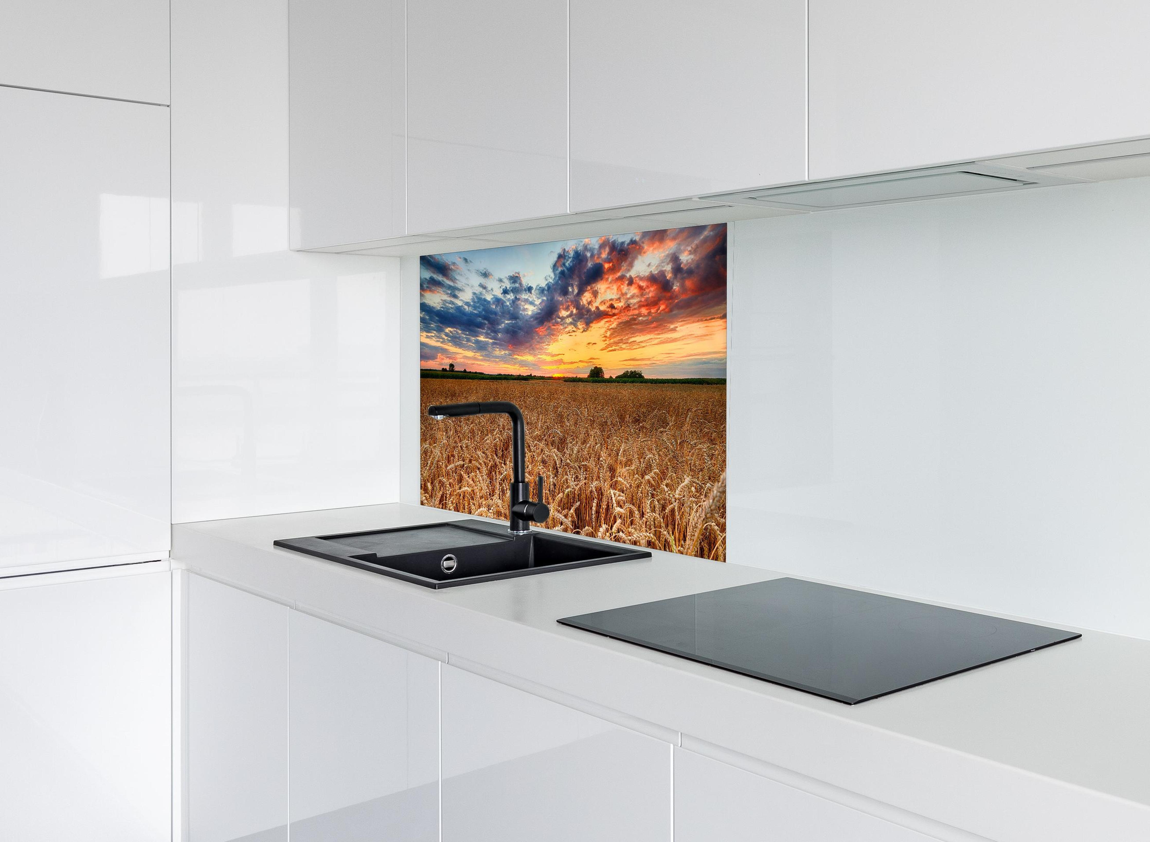 Spritzschutz - Sommer-Sonnenaufgang über Weizenfeldern in der Ukraine hinter modernem schwarz-matten Spülbecken in weißer Hochglanz-Küche