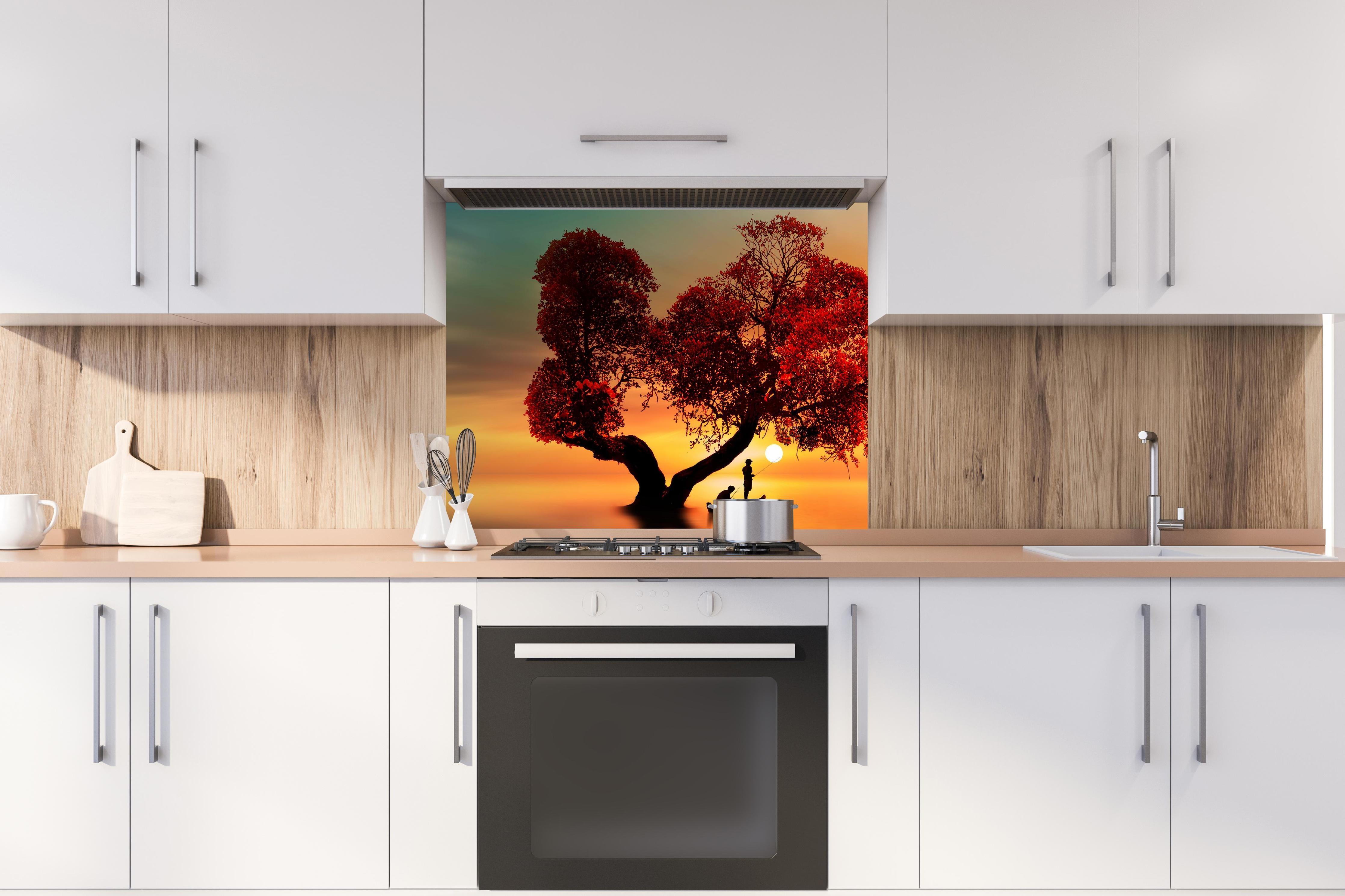 Spritzschutz - Surreale Fischer-Szenerie hinter stilvollem Gasherd unter Dunstabzugshaube