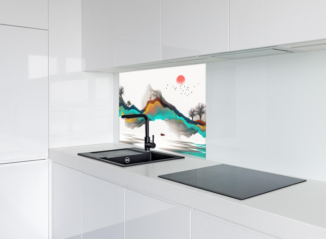 Spritzschutz - Tinte Linie Dekoration Landschaft hinter modernem schwarz-matten Spülbecken in weißer Hochglanz-Küche