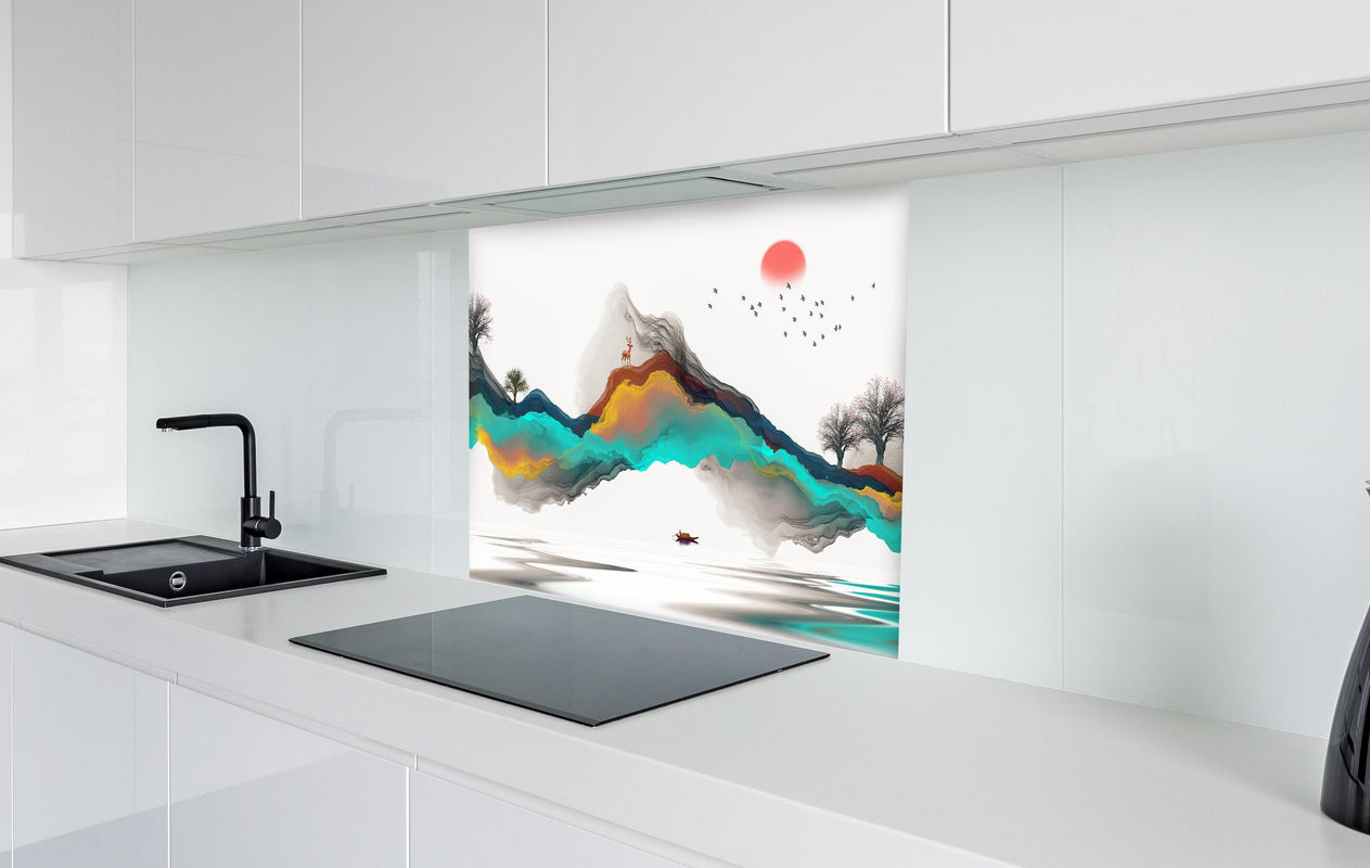 Spritzschutz - Tinte Linie Dekoration Landschaft  in weißer Hochglanz-Küche hinter einem Cerankochfeld