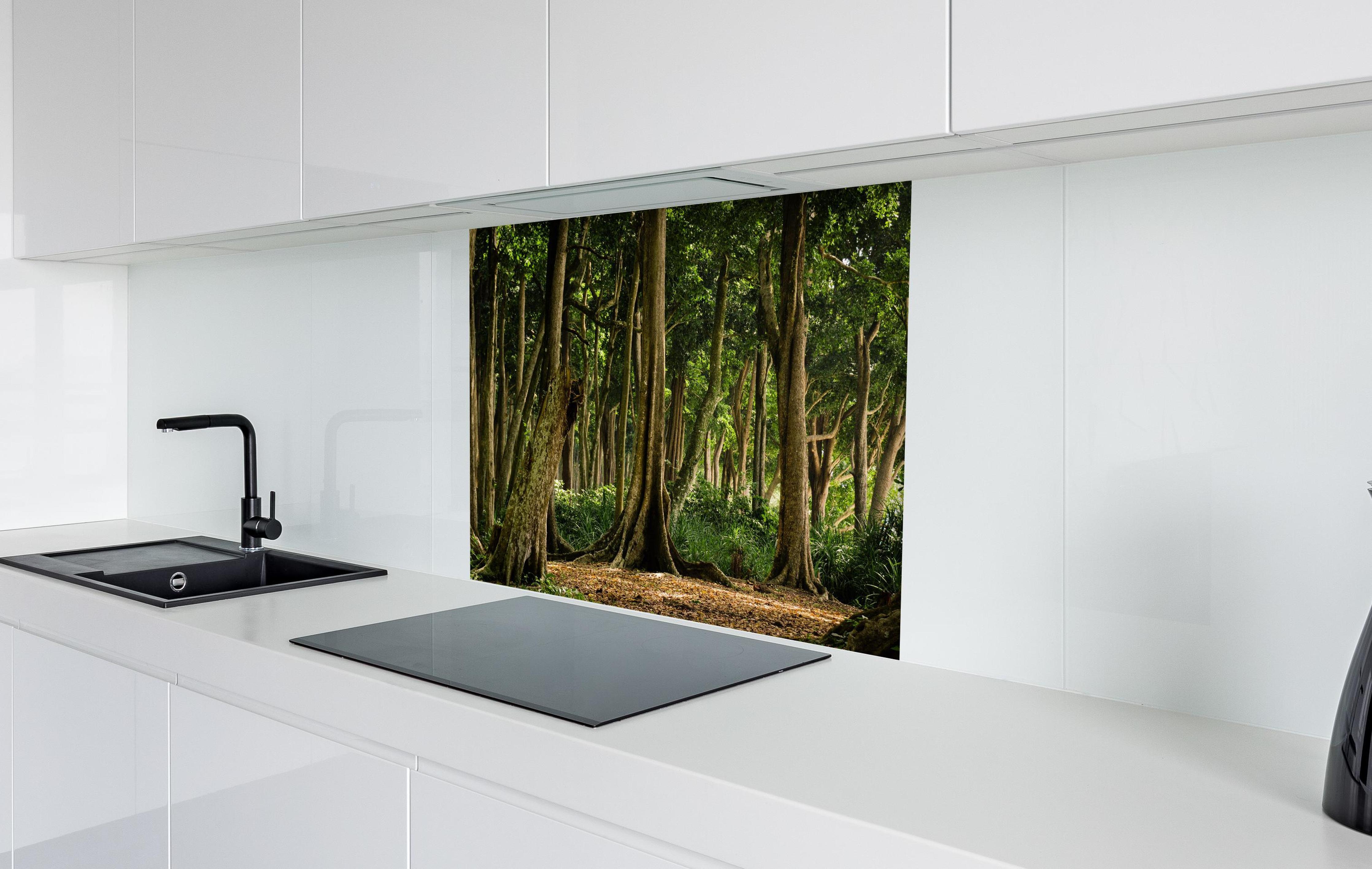 Spritzschutz - Tropischer Wald auf der Insel Havelock  in weißer Hochglanz-Küche hinter einem Cerankochfeld