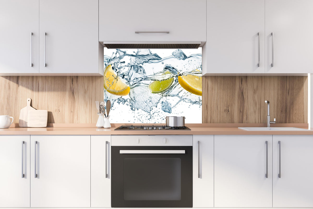 Spritzschutz - Wasser mit Zitrusfrüchten Artwork hinter stilvollem Gasherd unter Dunstabzugshaube