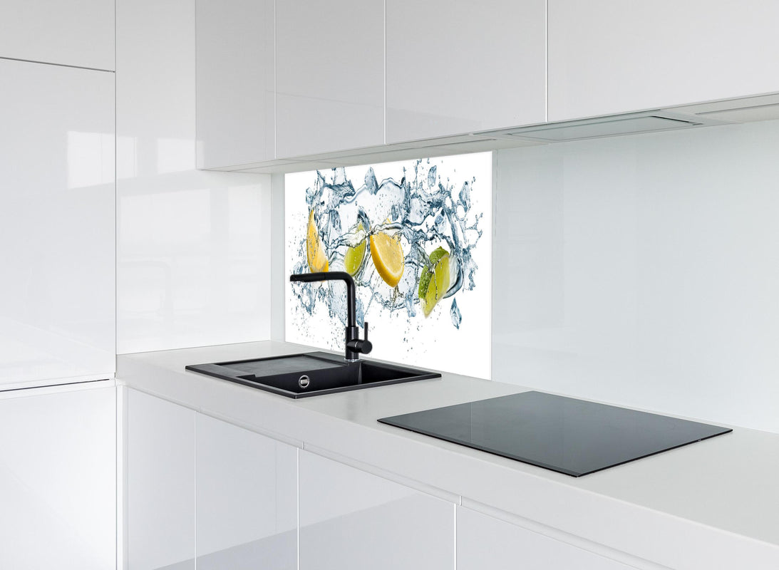 Spritzschutz - Wasser mit Zitrusfrüchten Artwork hinter modernem schwarz-matten Spülbecken in weißer Hochglanz-Küche