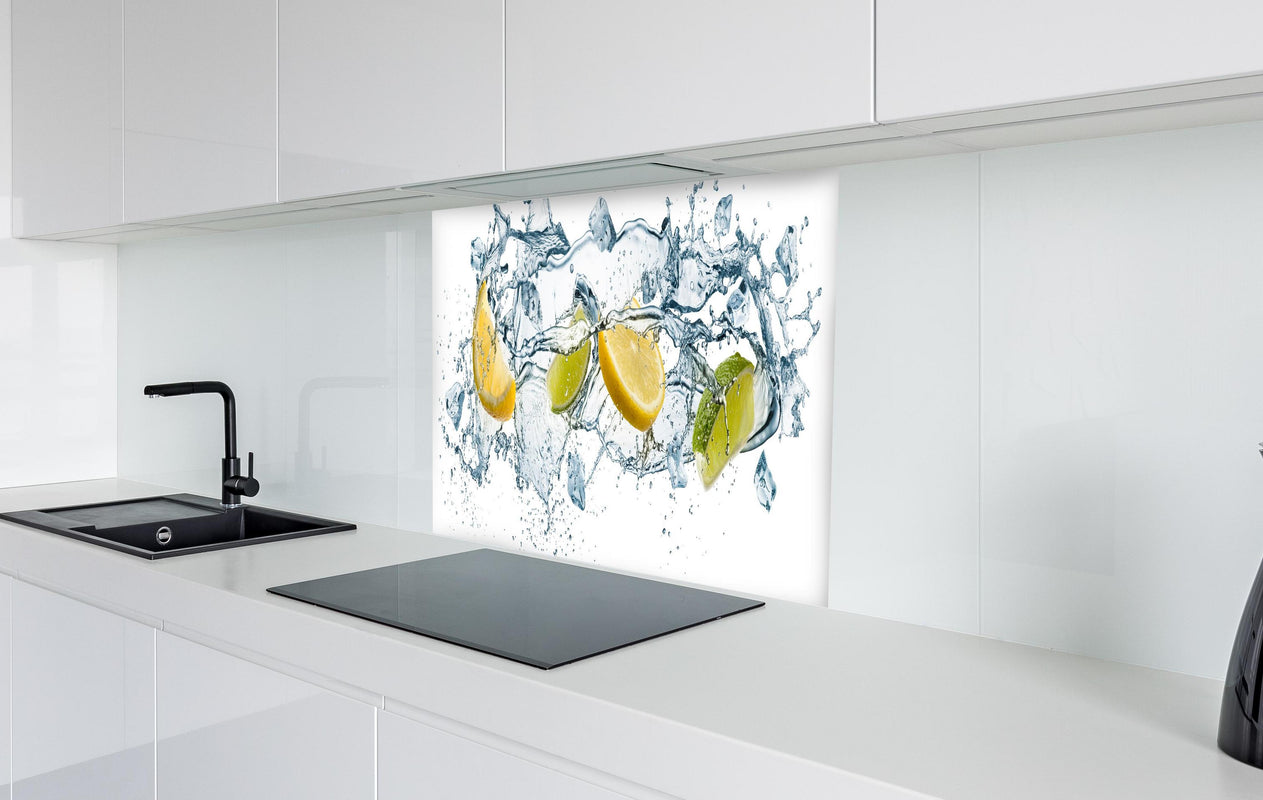 Spritzschutz - Wasser mit Zitrusfrüchten Artwork  in weißer Hochglanz-Küche hinter einem Cerankochfeld