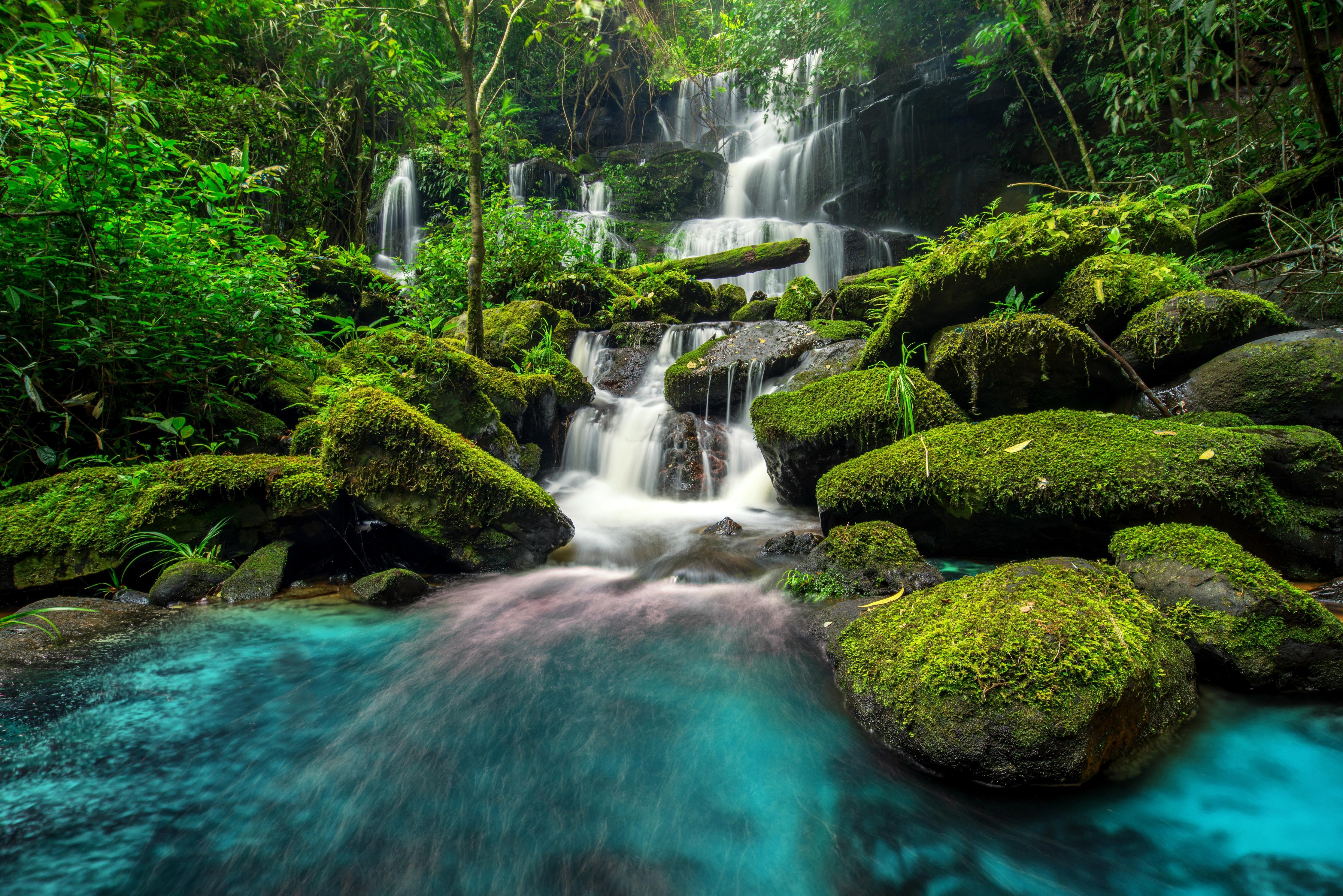 Spritzschutz-Wasserfall im grünen Dschungel von Thailand