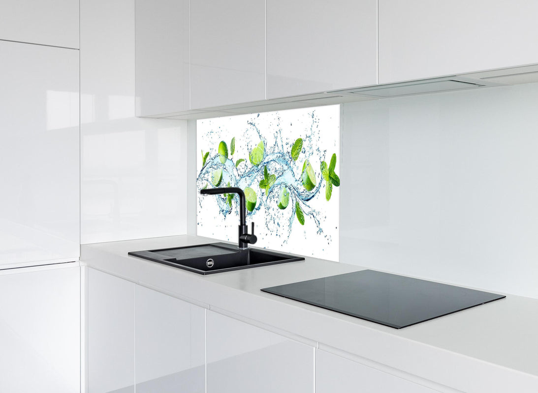 Spritzschutz - Wasserspritzer mit Minzblättern und Limettenspalten hinter modernem schwarz-matten Spülbecken in weißer Hochglanz-Küche