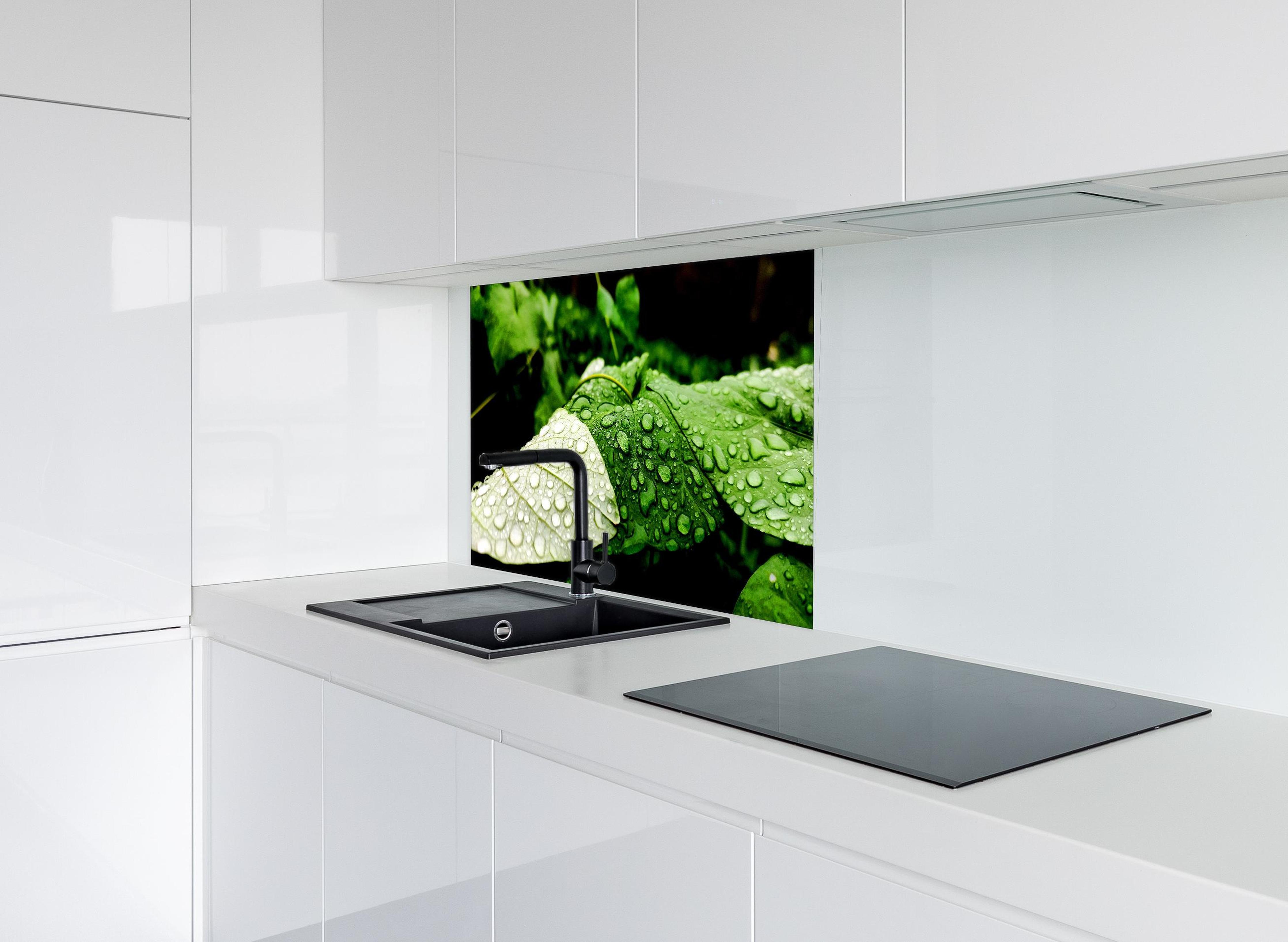 Spritzschutz - Wassertropfen auf einem Blatt hinter modernem schwarz-matten Spülbecken in weißer Hochglanz-Küche