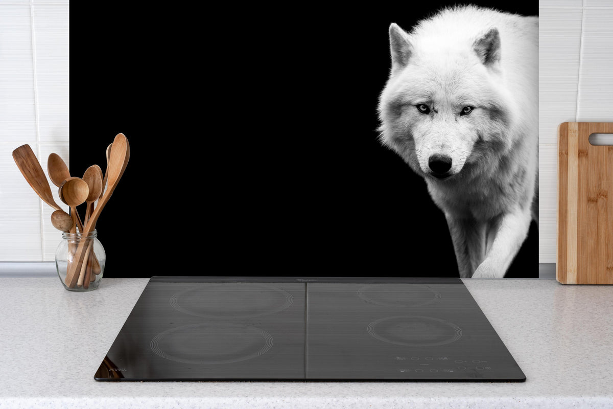 Spritzschutz - Weißer Wolf mit schwarzem Hintergrund hinter einem Cerankochfeld zwischen Holz-Kochutensilien
