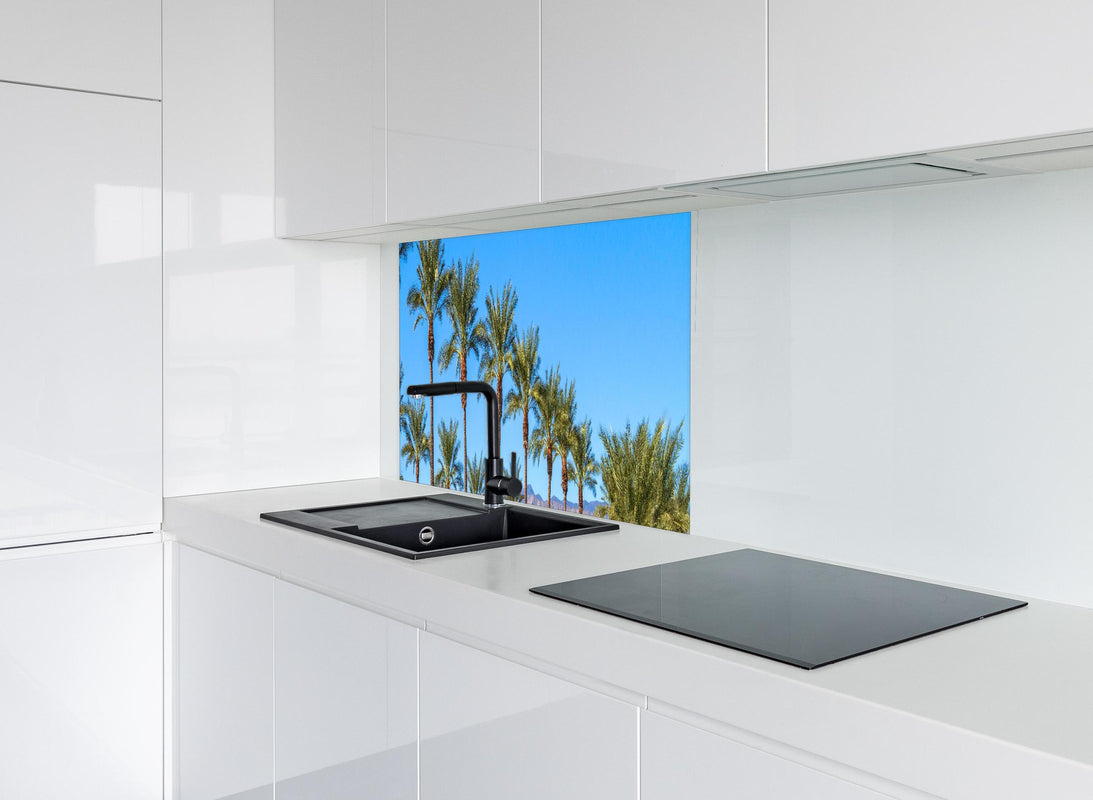 Spritzschutz - Wundervolle Palmen in Kalifornien hinter modernem schwarz-matten Spülbecken in weißer Hochglanz-Küche