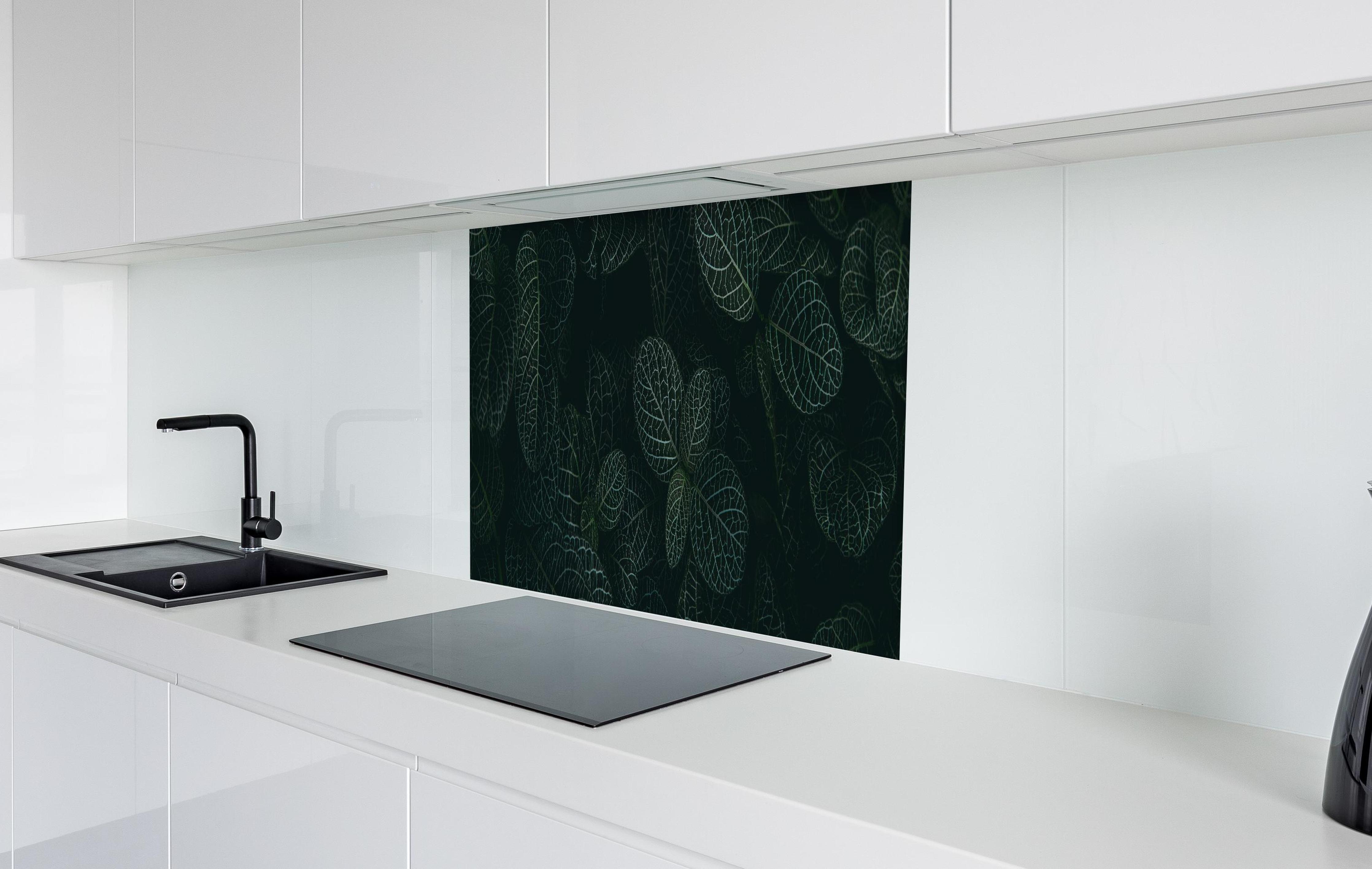 Spritzschutz - tropische Blätter im Dschungel bei Nacht  in weißer Hochglanz-Küche hinter einem Cerankochfeld