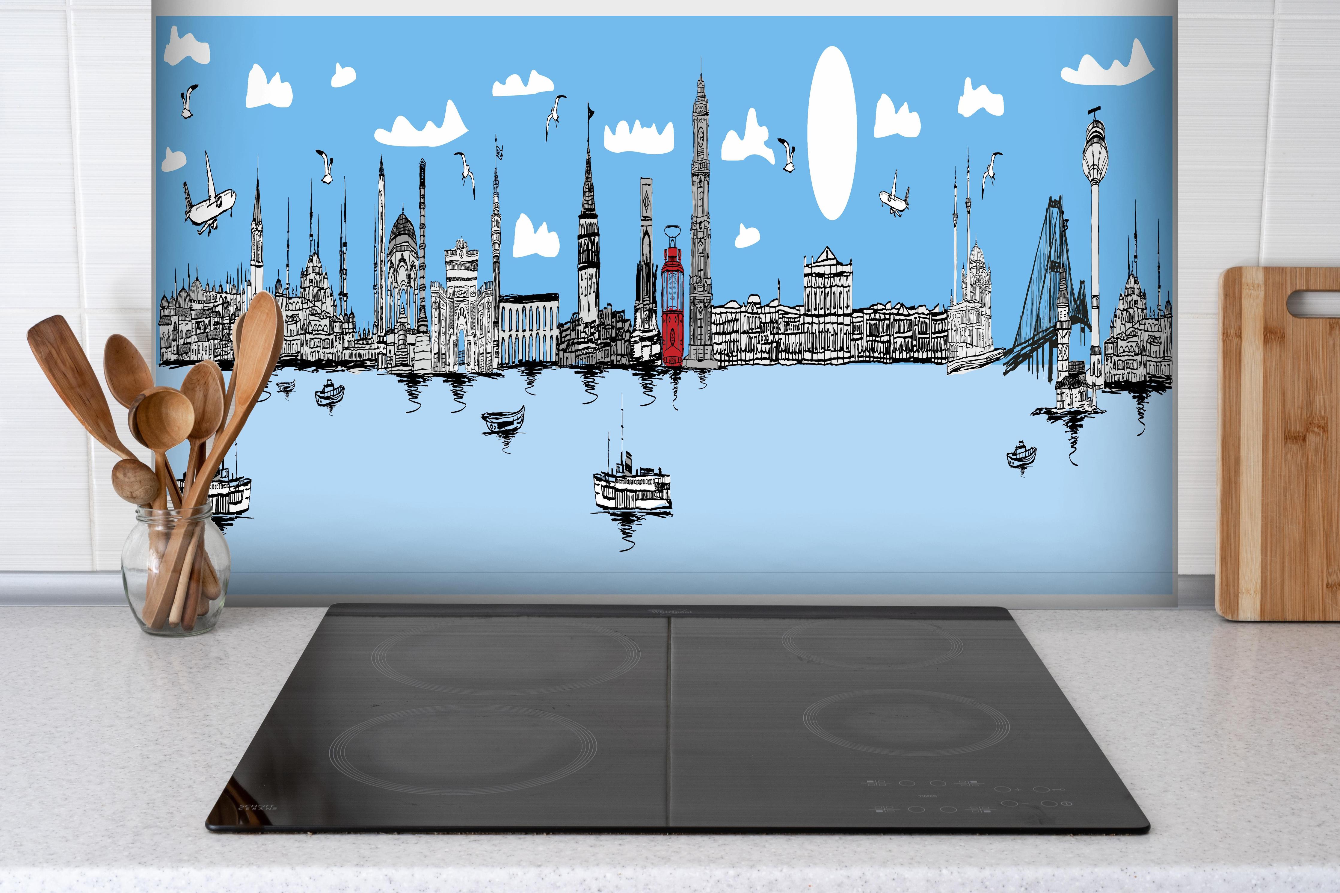 Spritzschutz - Stilvolles City Skyline Panorama Illustration hinter einem Cerankochfeld zwischen Holz-Kochutensilien
