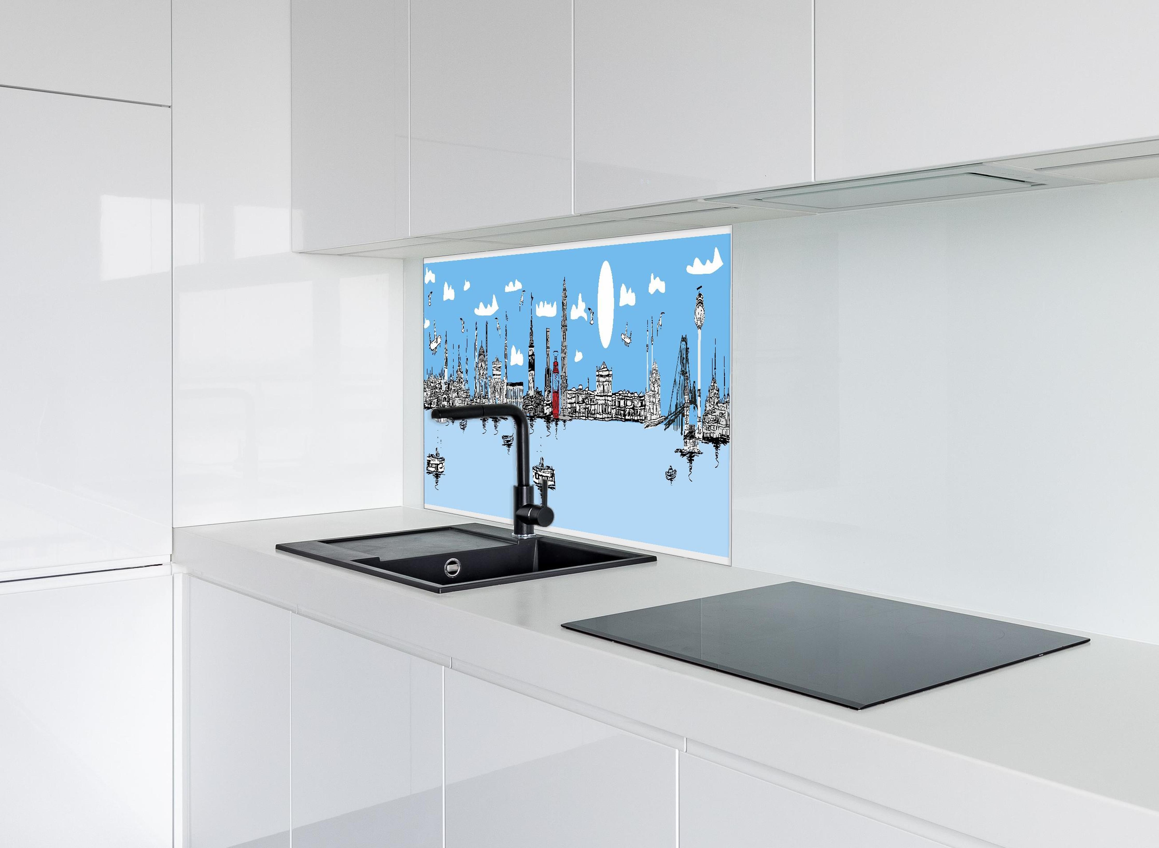 Spritzschutz - Stilvolles City Skyline Panorama Illustration hinter einem Cerankochfeld zwischen Holz-Kochutensilien
