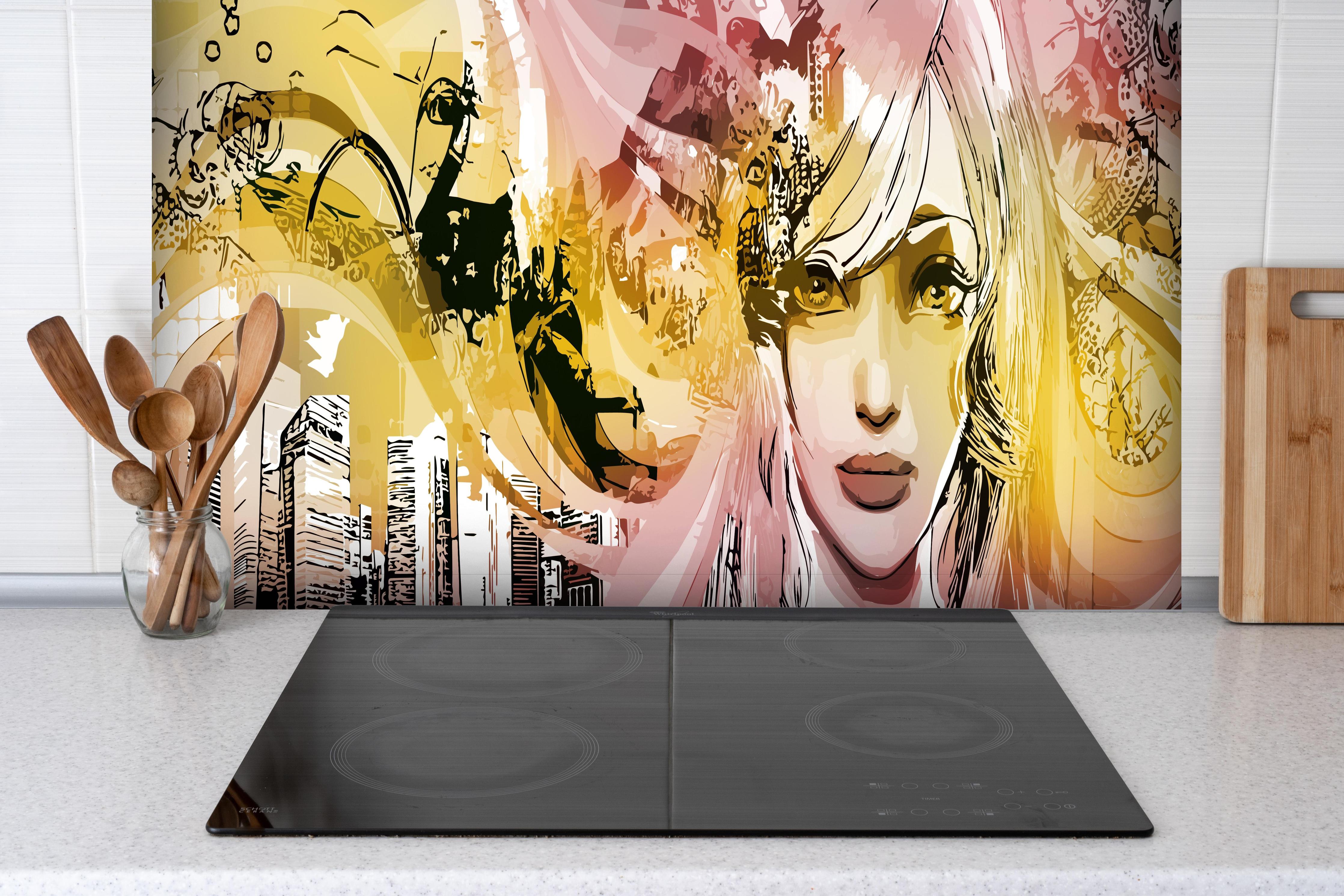 Spritzschutz - Street-Art Illustration Mädchen in Pink Gelb hinter einem Cerankochfeld zwischen Holz-Kochutensilien
