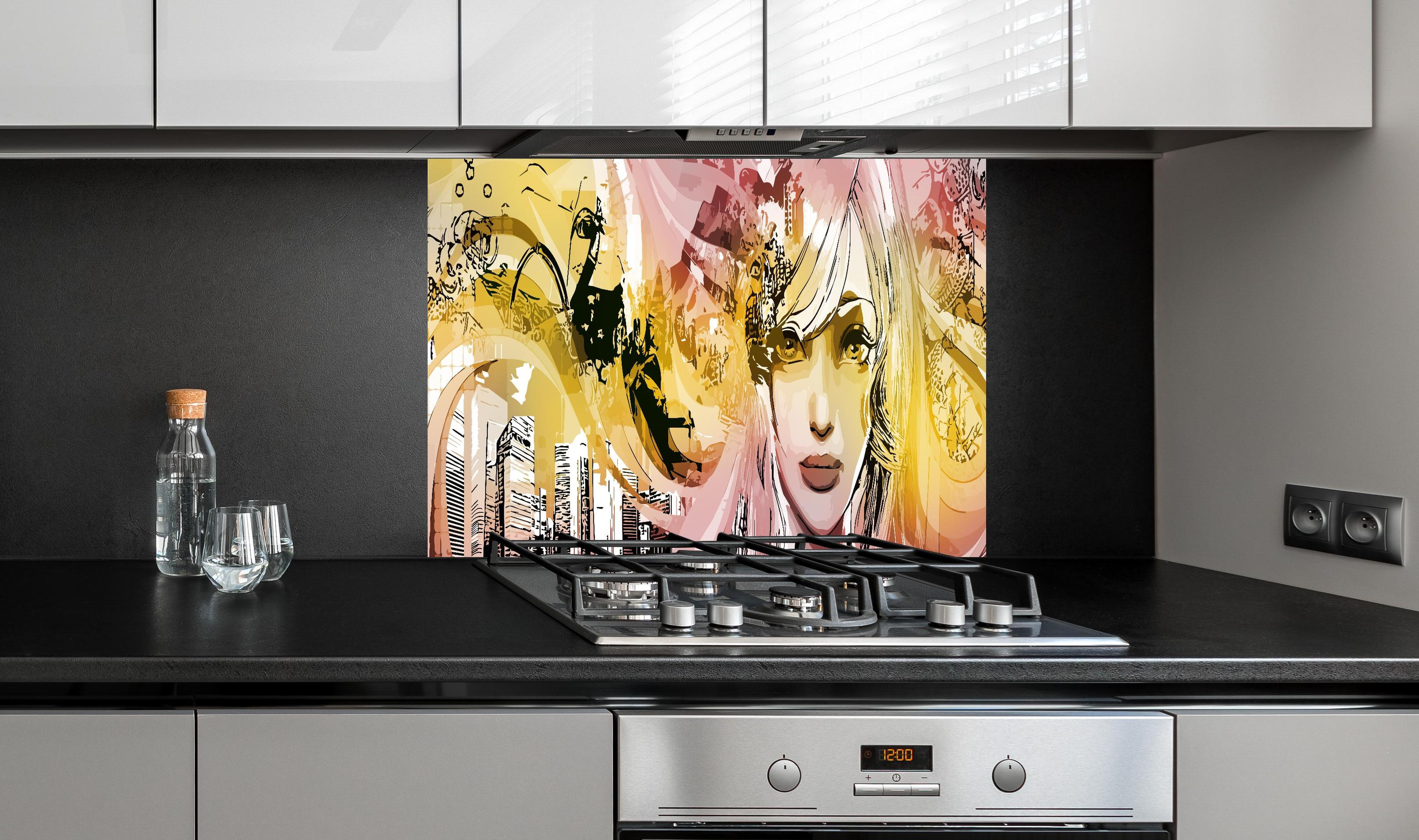 Spritzschutz - Street-Art Illustration Mädchen in Pink Gelb hinter einem Cerankochfeld zwischen Holz-Kochutensilien
