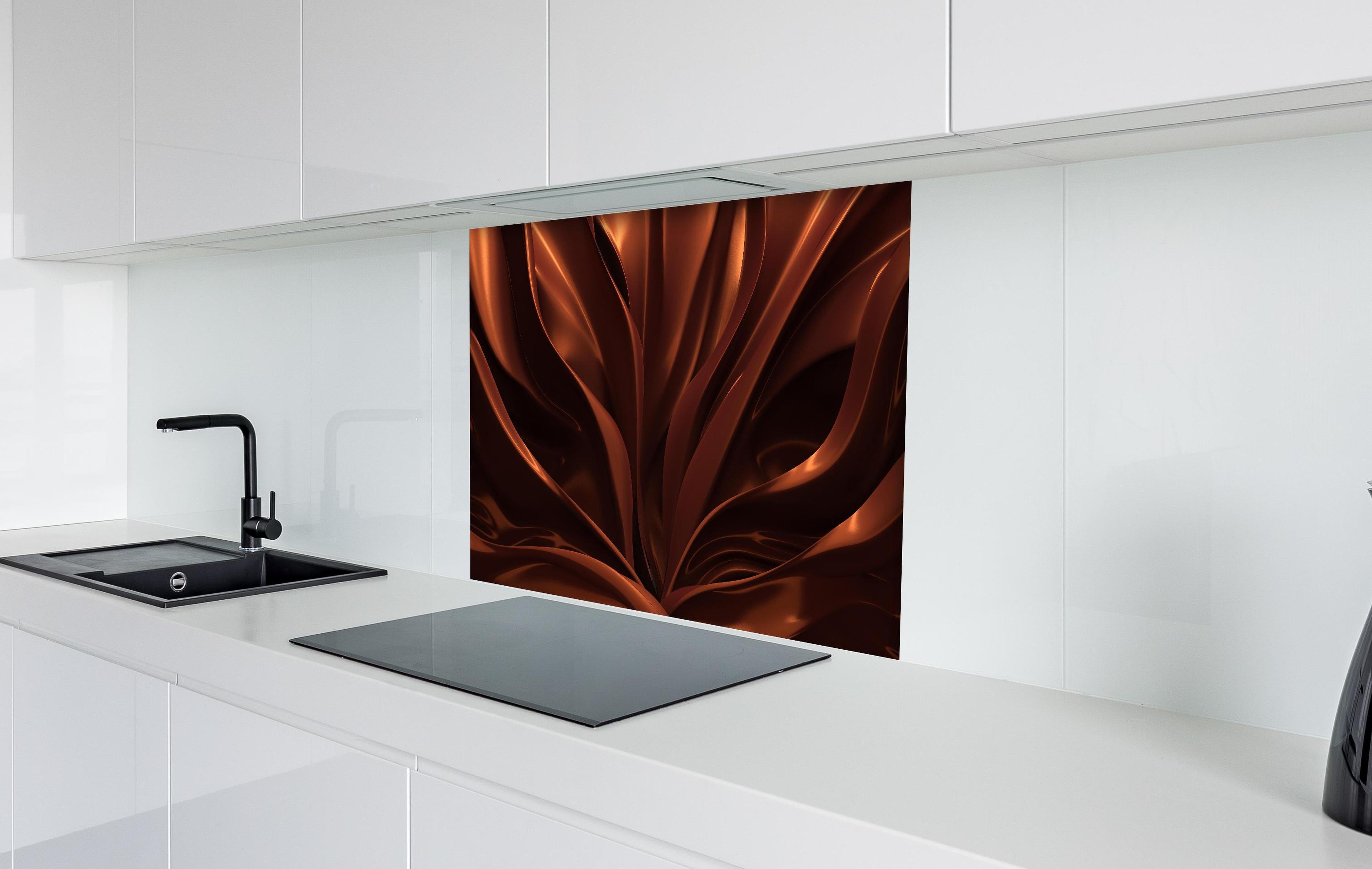 Spritzschutz - Strömendes Schokoladen Muster hinter einem Cerankochfeld zwischen Holz-Kochutensilien
